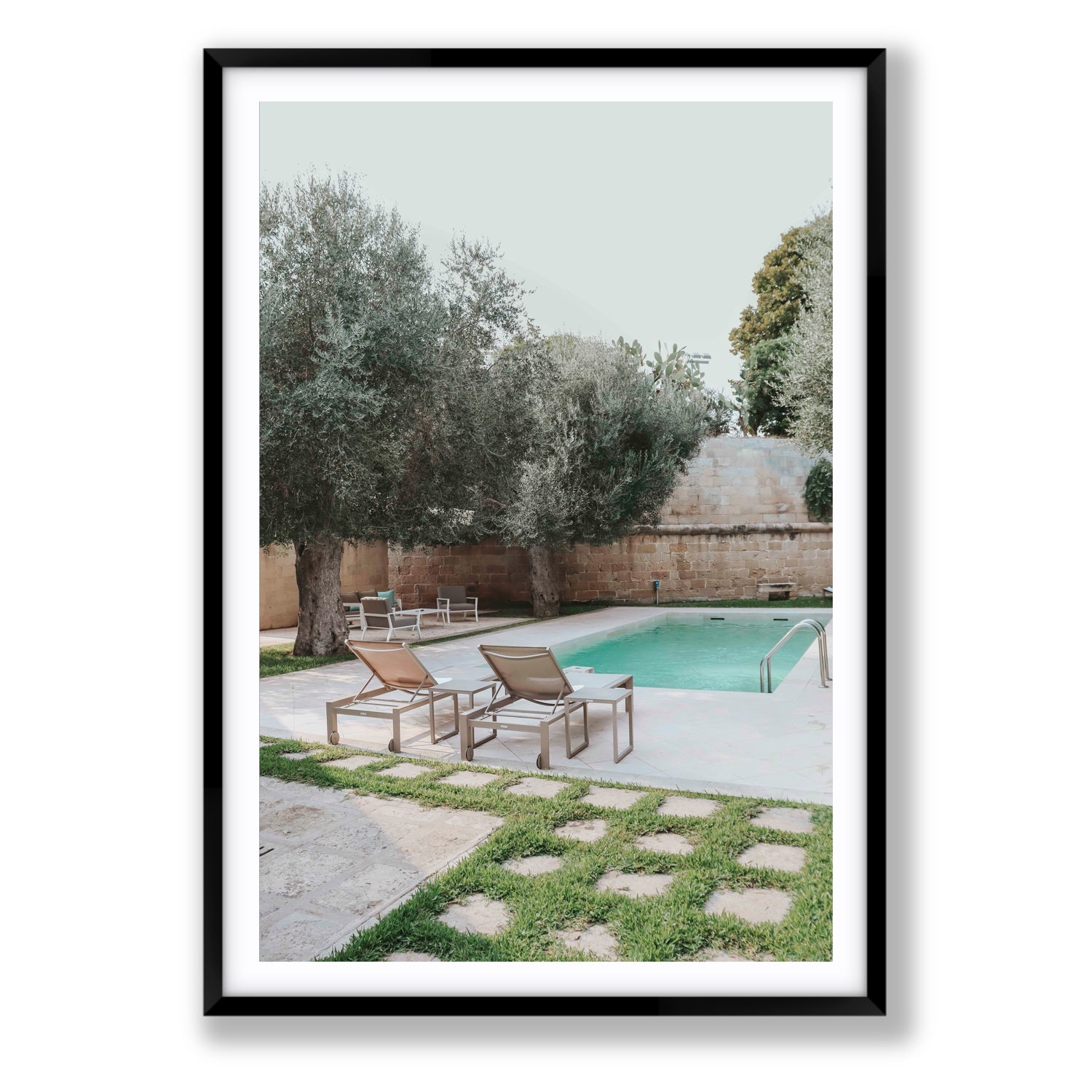 Olive Oasis Puglia Mediterranean wall art Statement fine art print in black frame with matboard