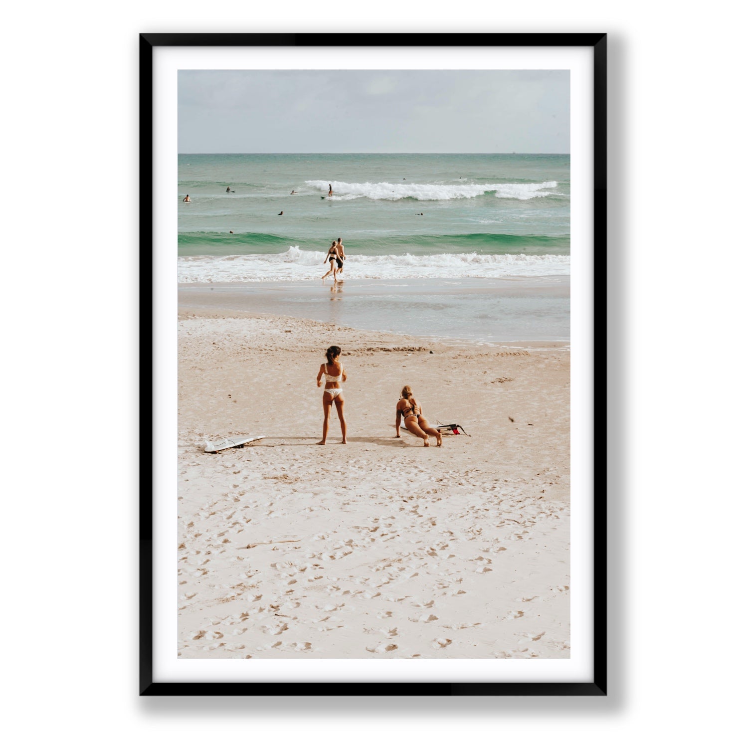 Gidget & Betty Byron Bay beach coastal wall art Statement fine art print in black frame with matboard