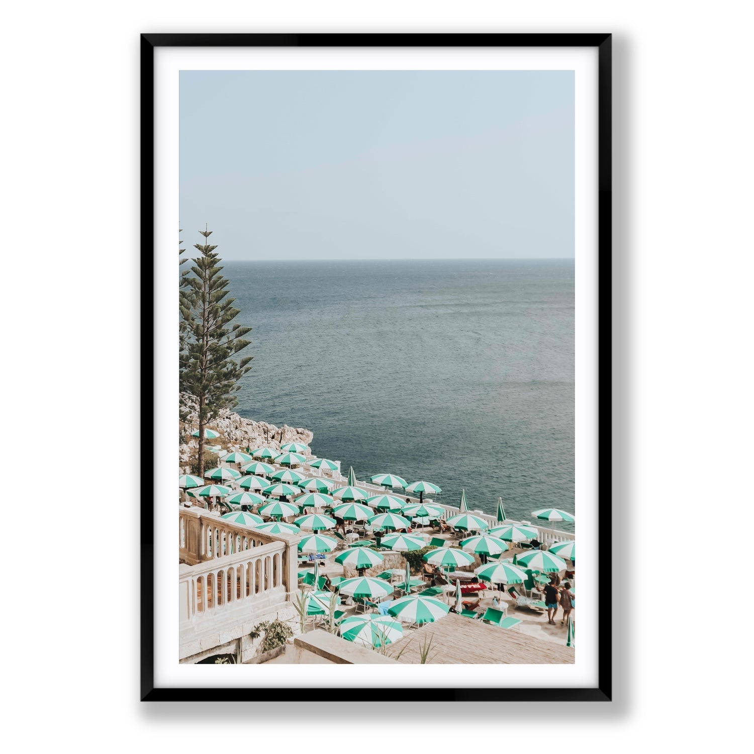 Sun-drenched Stripes Puglia beach coastal wall art Statement fine art print in black frame with matboard