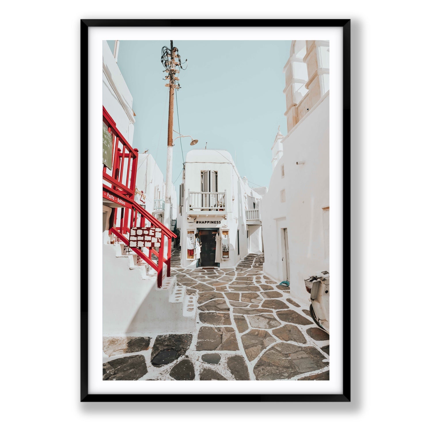 Happiness Mykonos Greek island wall art Statement fine art print in black frame with matboard
