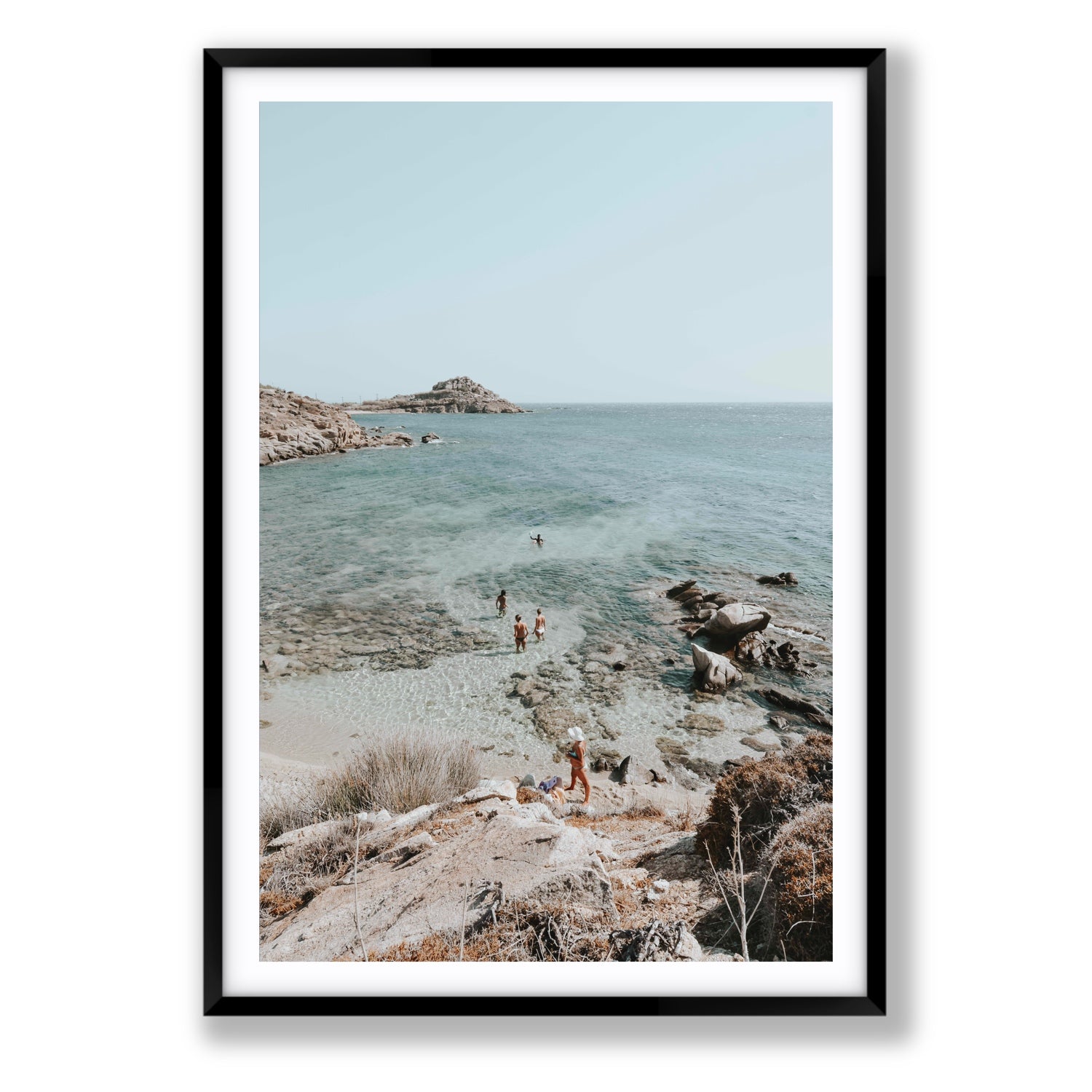 Explorers Mykonos Greek island wall art Statement fine art print in black frame with matboard