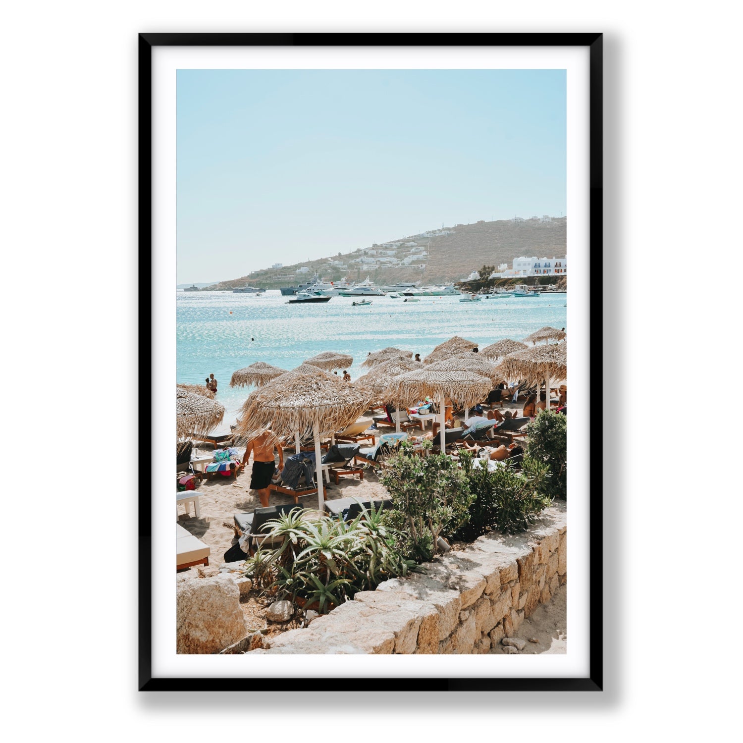 Beachside Huts Mykonos Greek island wall art Statement fine art print in black frame with matboard