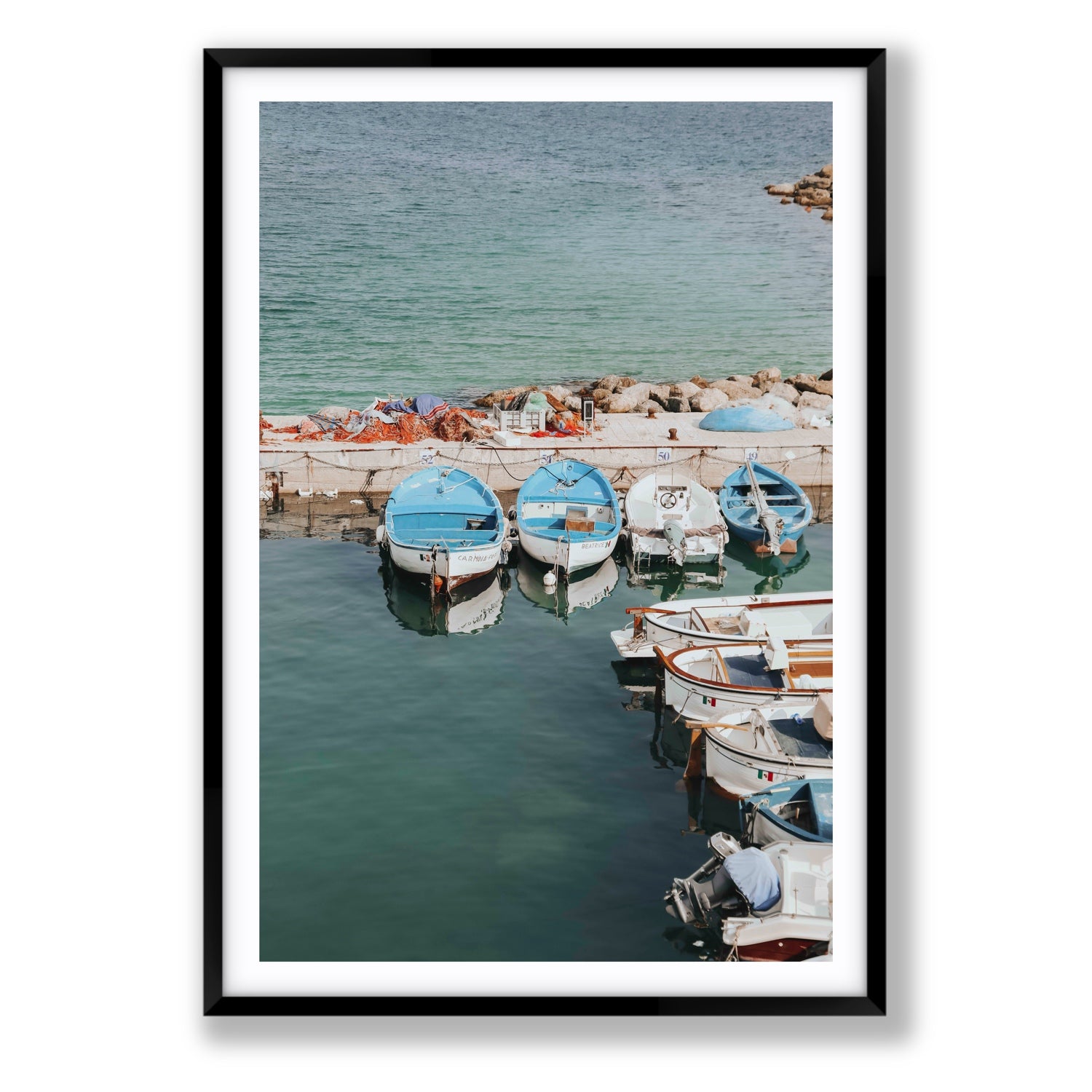Maritime Memories Puglia Harbour Reflections coastal wall art Statement fine art print in black frame with matboard