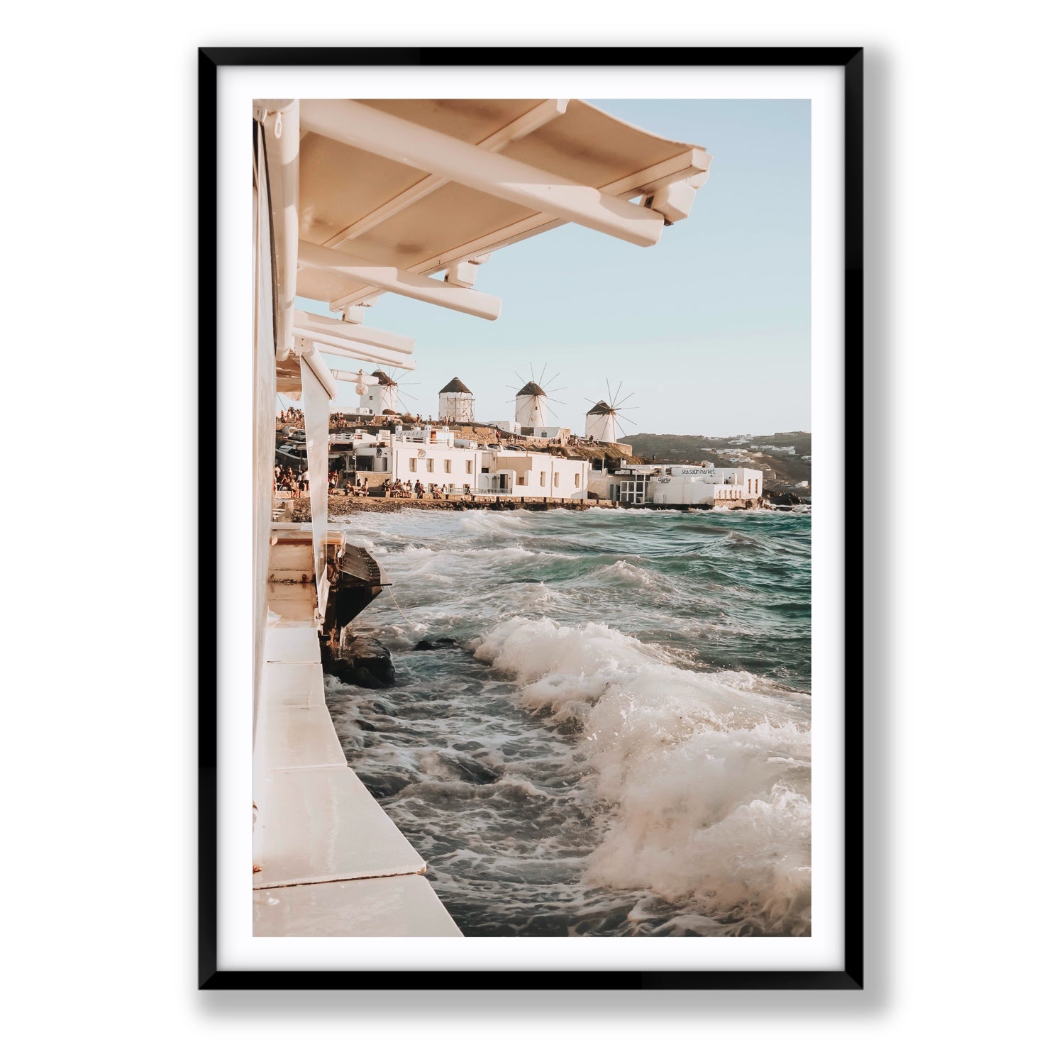 Windmills Mykonos Greek island wall art Statement fine art print in black frame with matboard