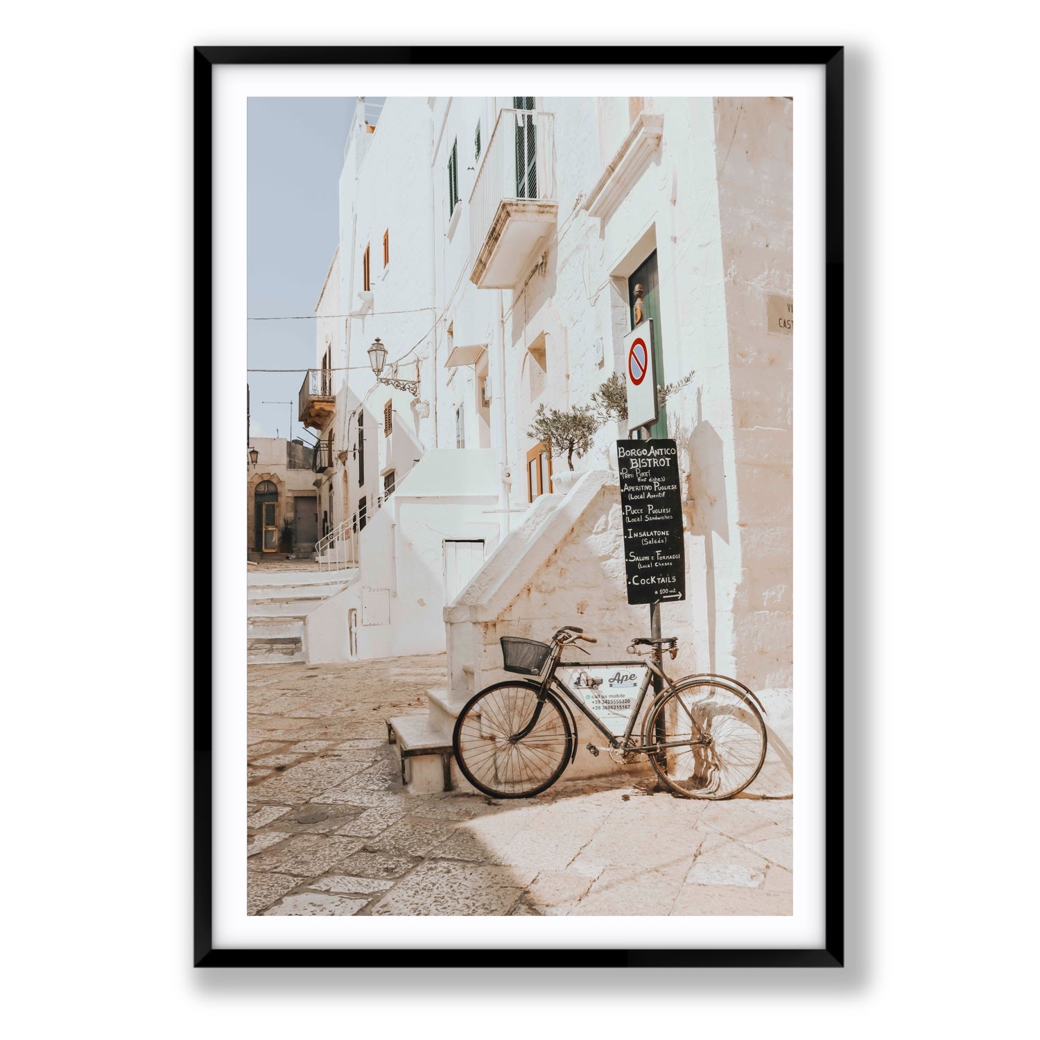 La Bicicletta Puglia Ostuni wall art Statement fine art print in black frame with matboard