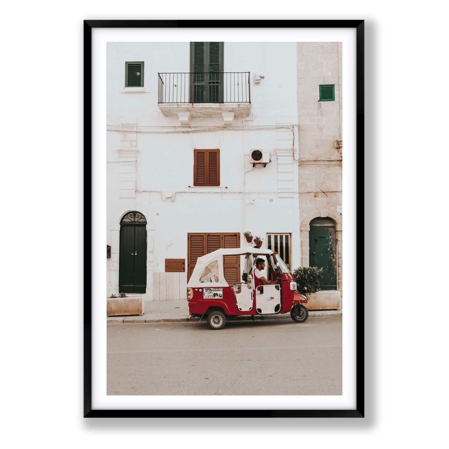 Groovy Piaggio Puglia Italian wall art Statement fine art print in black frame with matboard