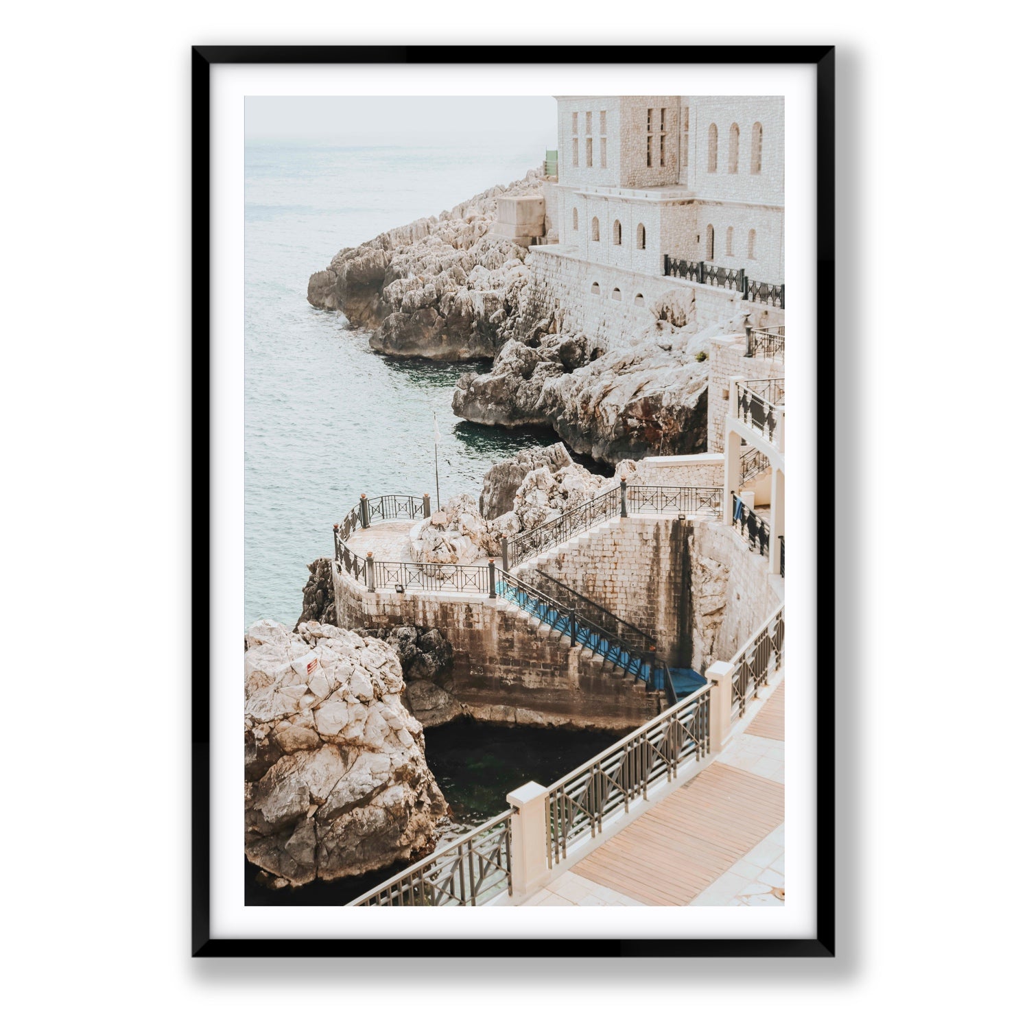 Wellness Centre Puglia coastal wall art Statement fine art print in black frame with matboard