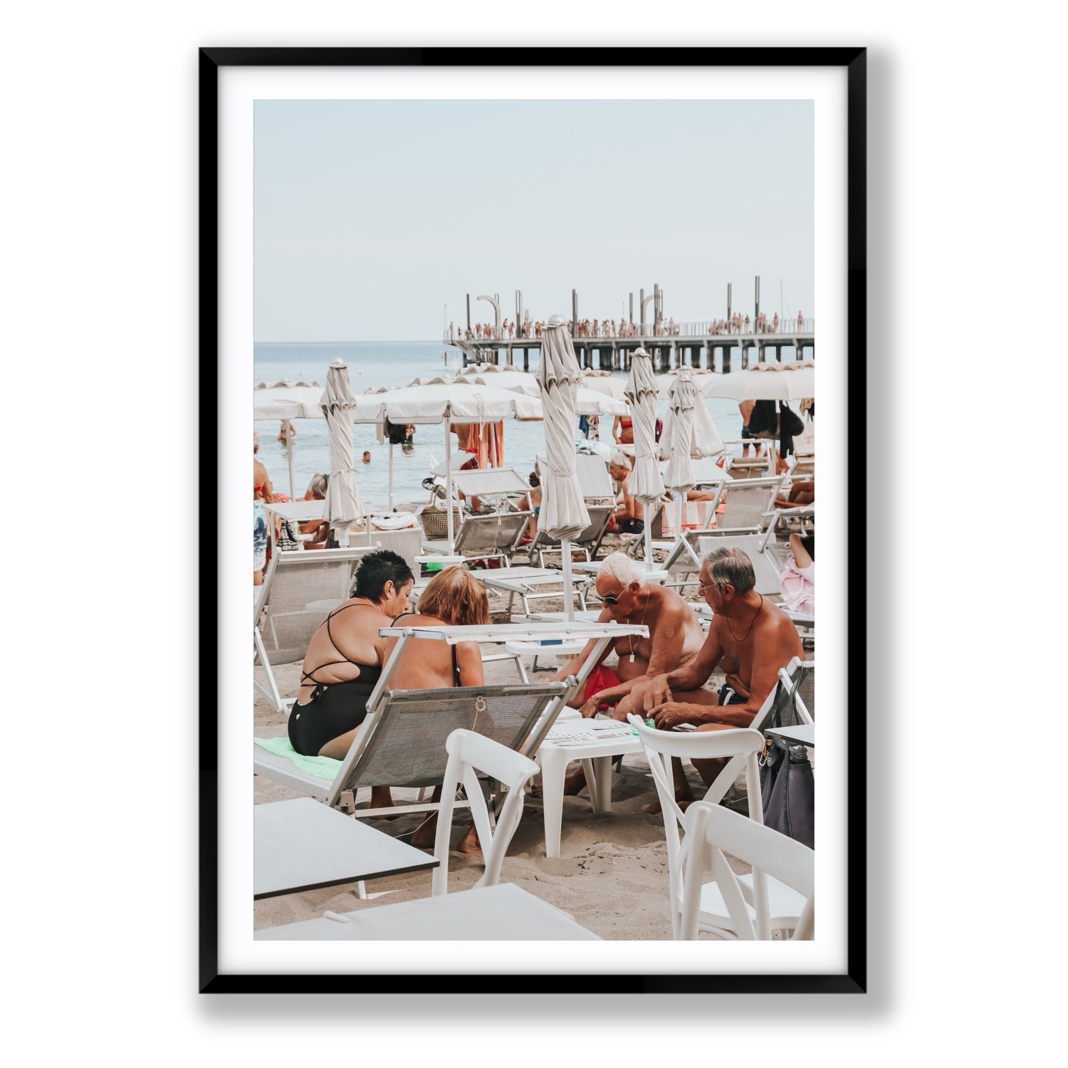 Salted Shuffle fine art print, Alassio, Italy, people and locals artwork, Statement, Black Frame · Matboard, Fine Art Print