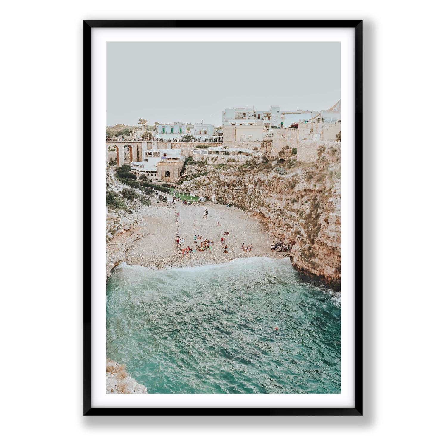 Polignano Vista Puglia coastal Italian beach fine art print Statement fine art print in black frame with matboard