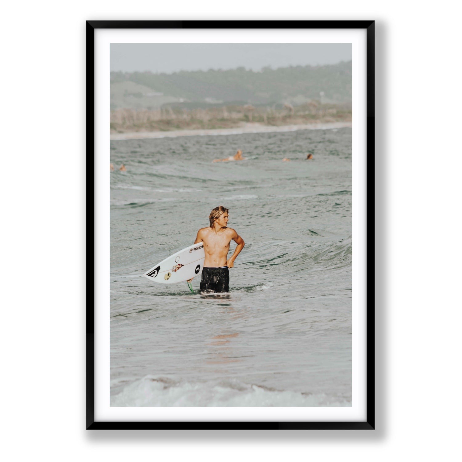Chasing Mavericks Byron Bay Surf coastal wall art Statement fine art print in black frame with matboard