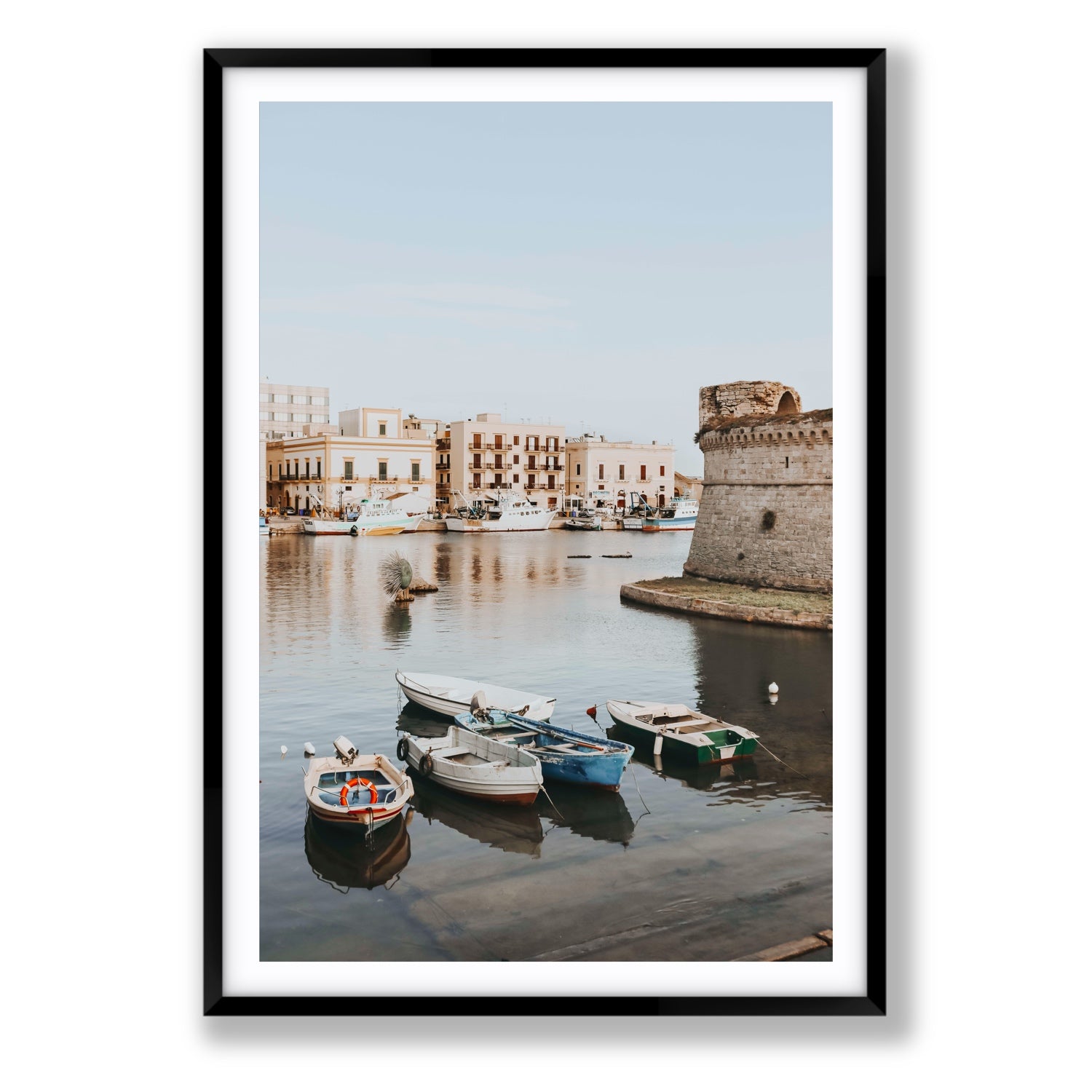 Gallipoli Harbour Puglia coastal wall art Statement fine art print in black frame with matboard