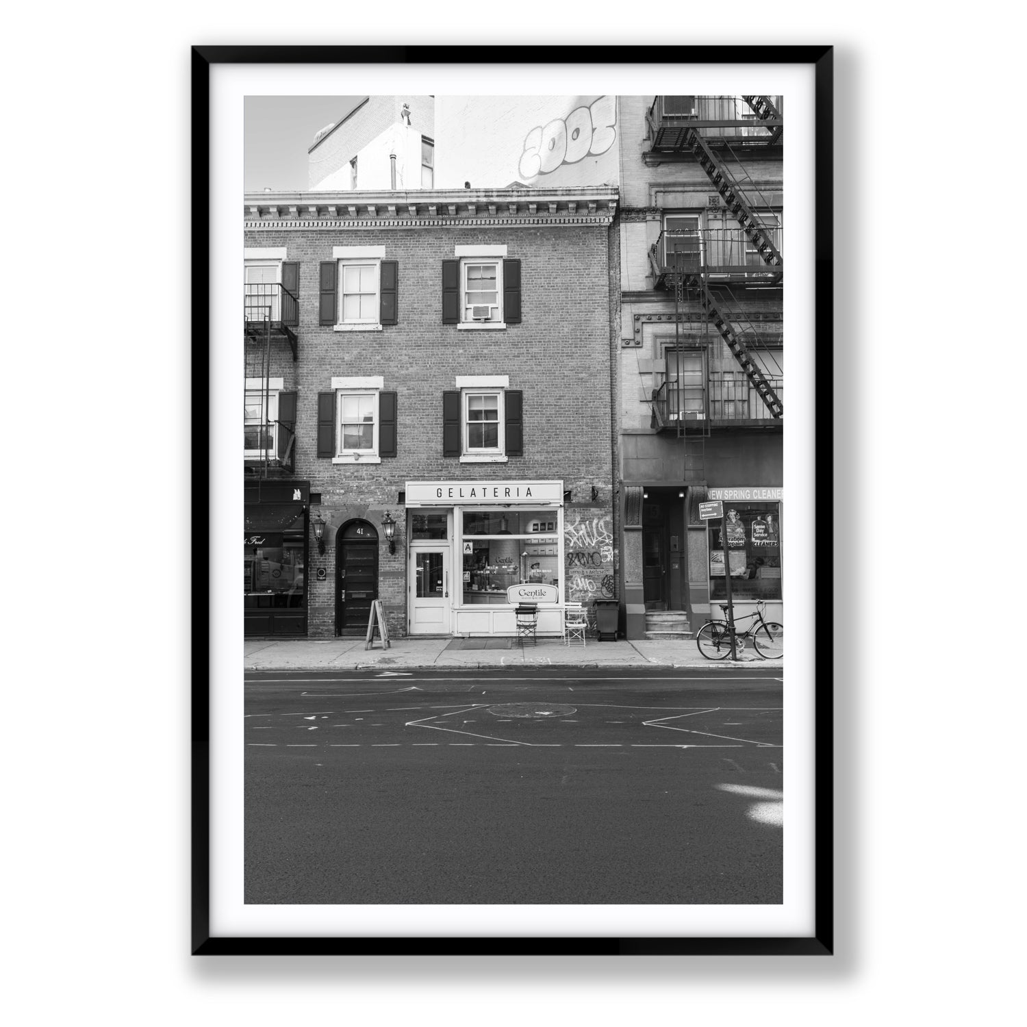 Gelateria New York NYC Black & White wall art Statement fine art print in black frame with matboard