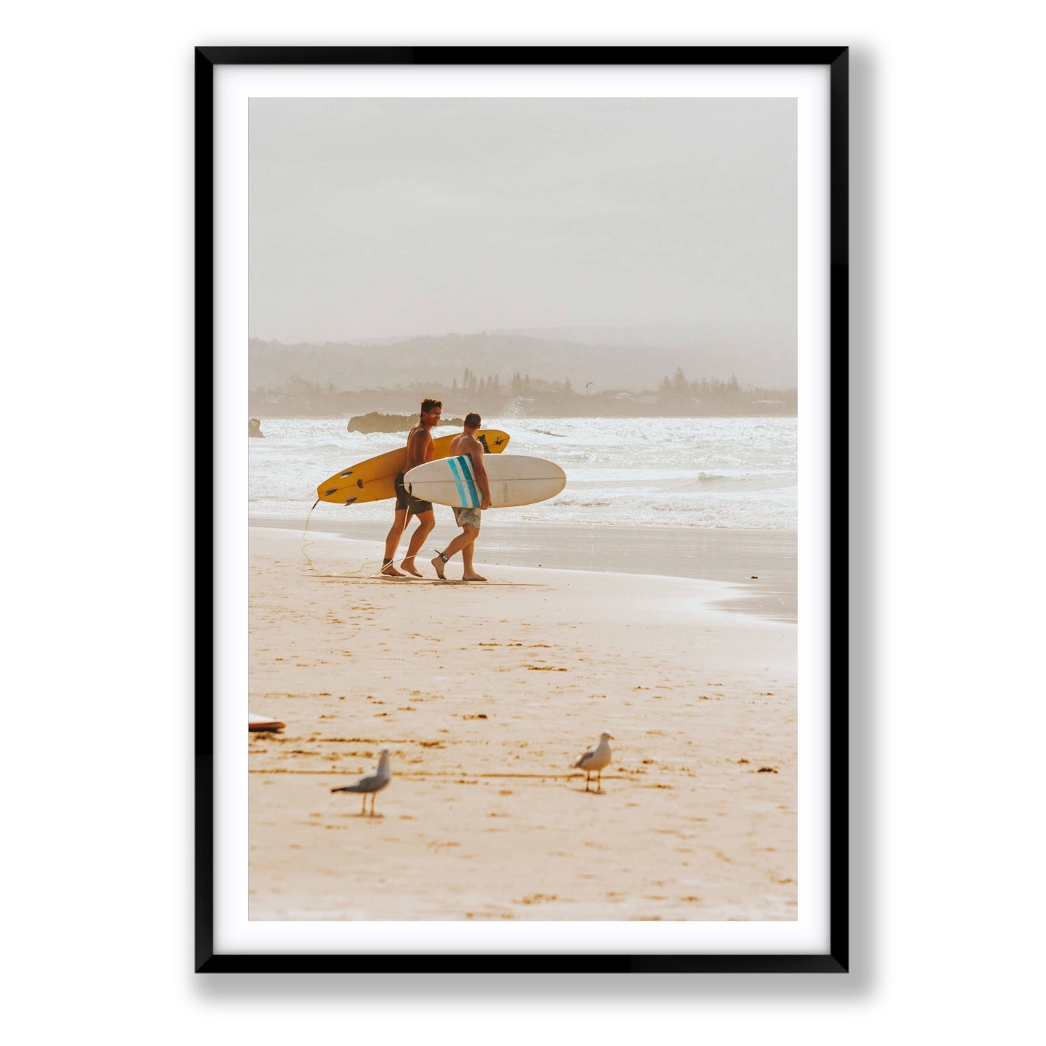 Shane & Benji Byron Bay Surf coastal wall art Statement fine art print in black frame with matboard