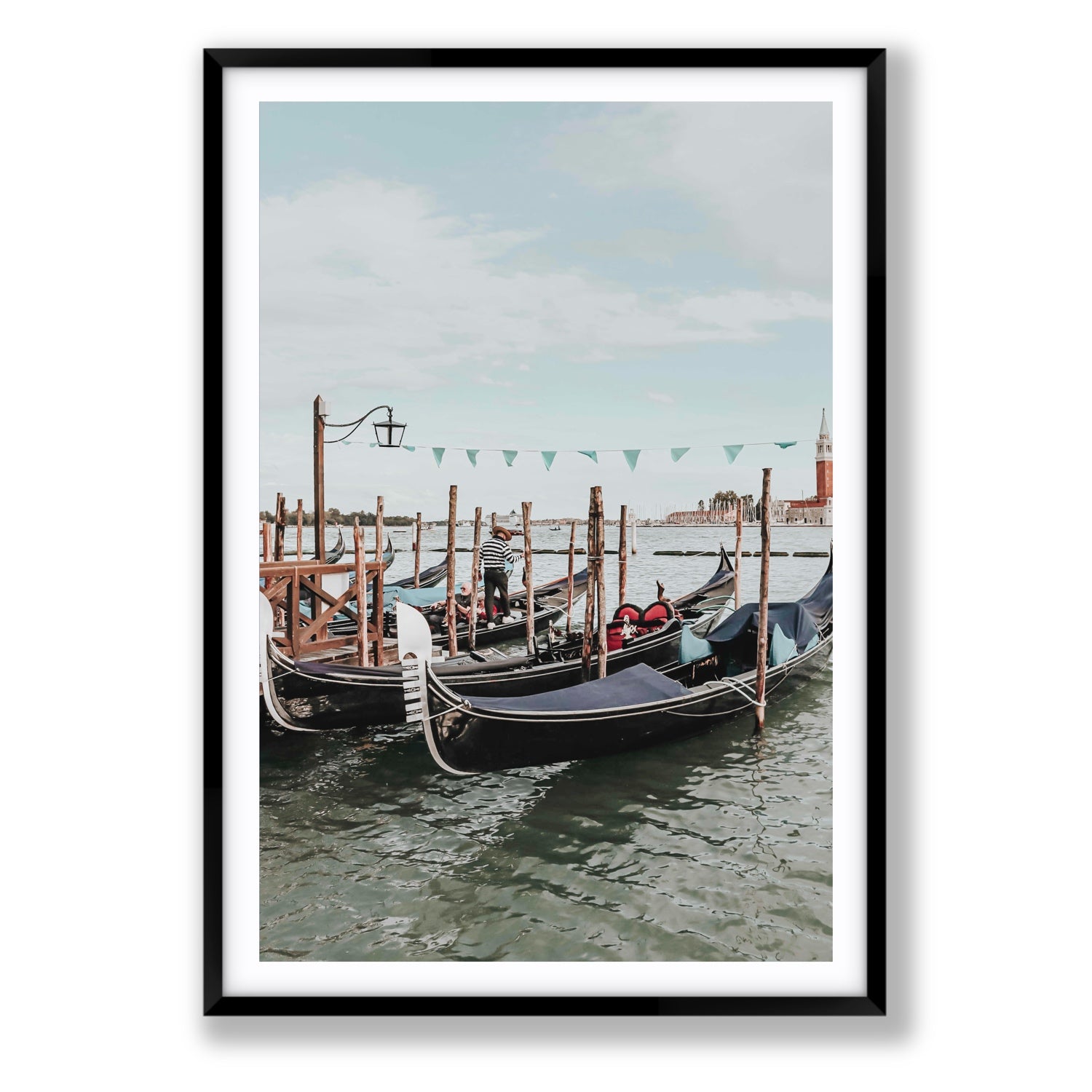 The Gondolier Venice Gondola Italian wall art Statement fine art print in black frame with matboard