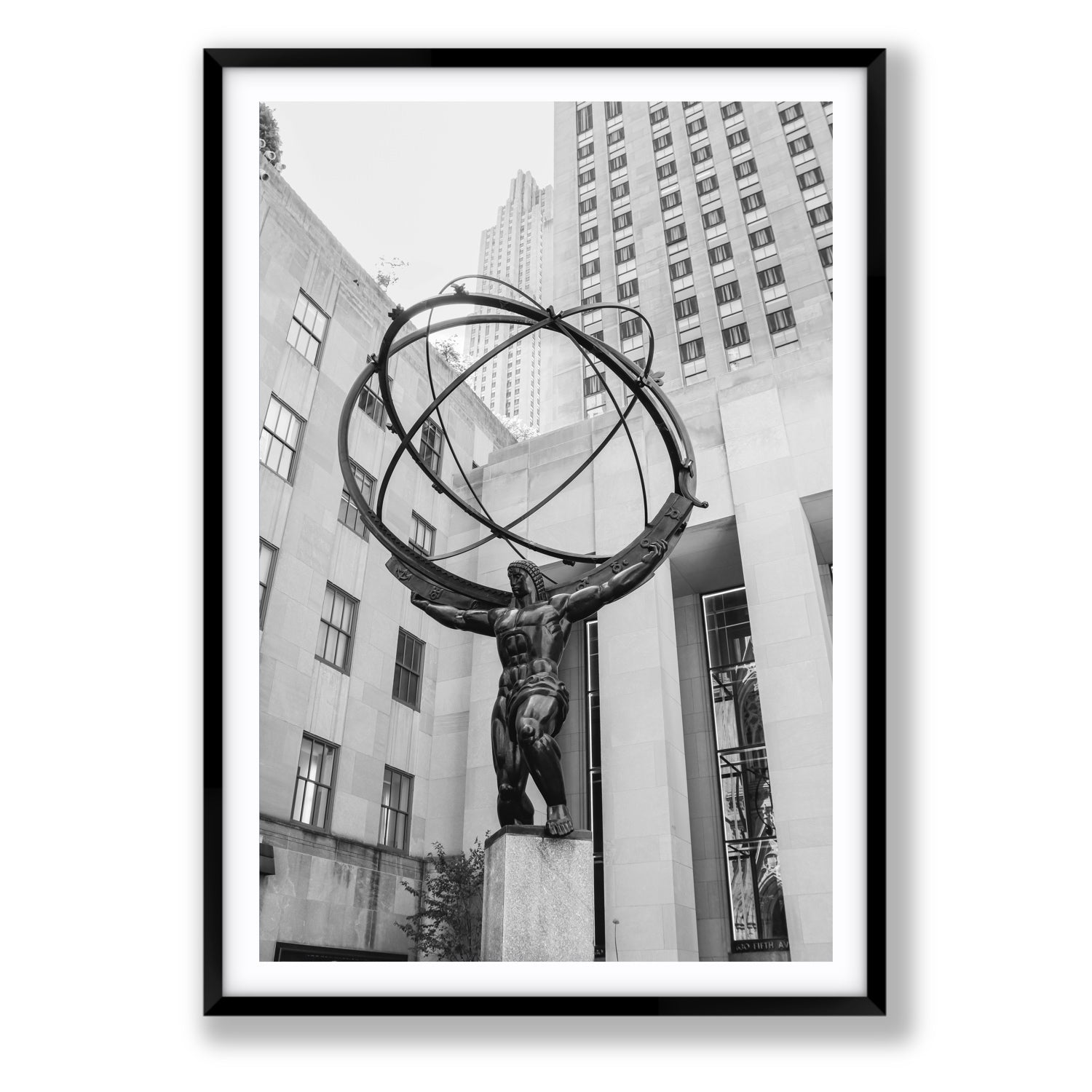 Atlas Ascends New York NYC Black & White wall art Statement fine art print in black frame with matboard