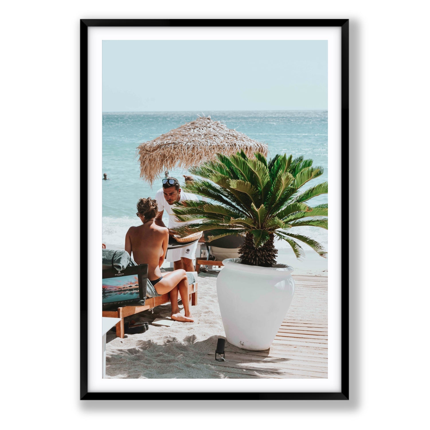 At Your Service Mykonos Greek island wall art Statement fine art print in black frame with matboard