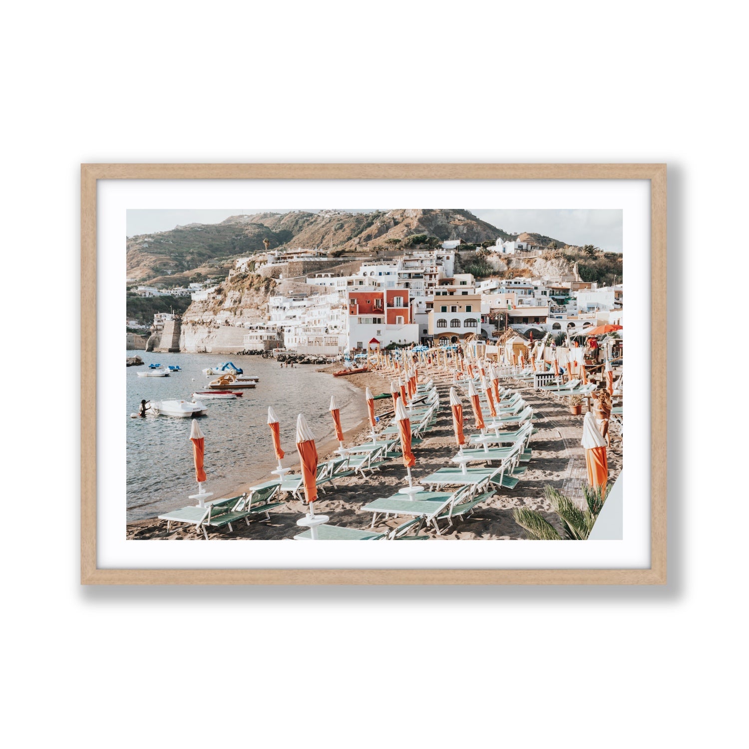 Sole Estivo Ischia Italian coastal wall art Giant fine art print in natural oak frame with matboard