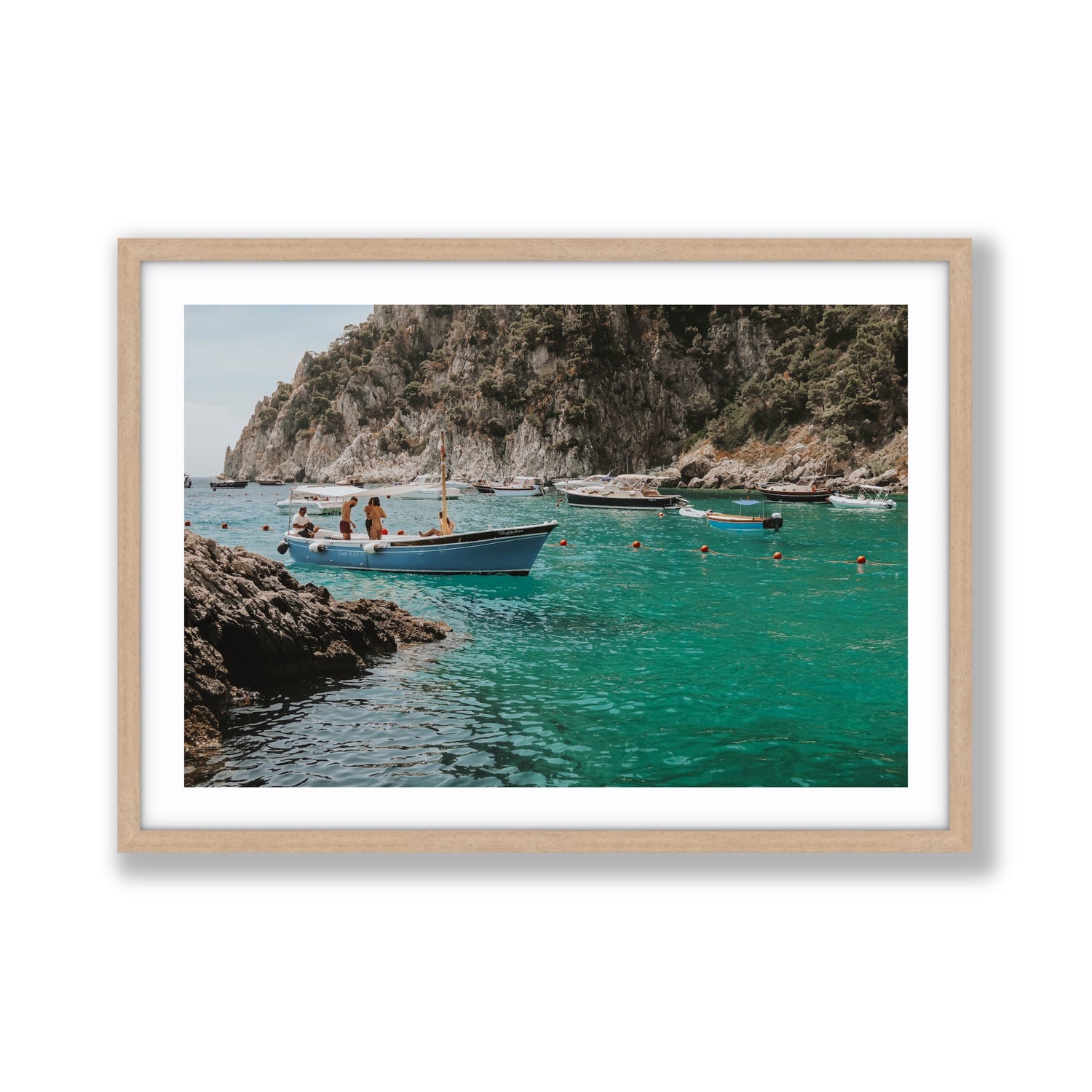 Cozy Cove Capri coastal Mediterranean wall art Giant fine art print in natural oak frame with matboard