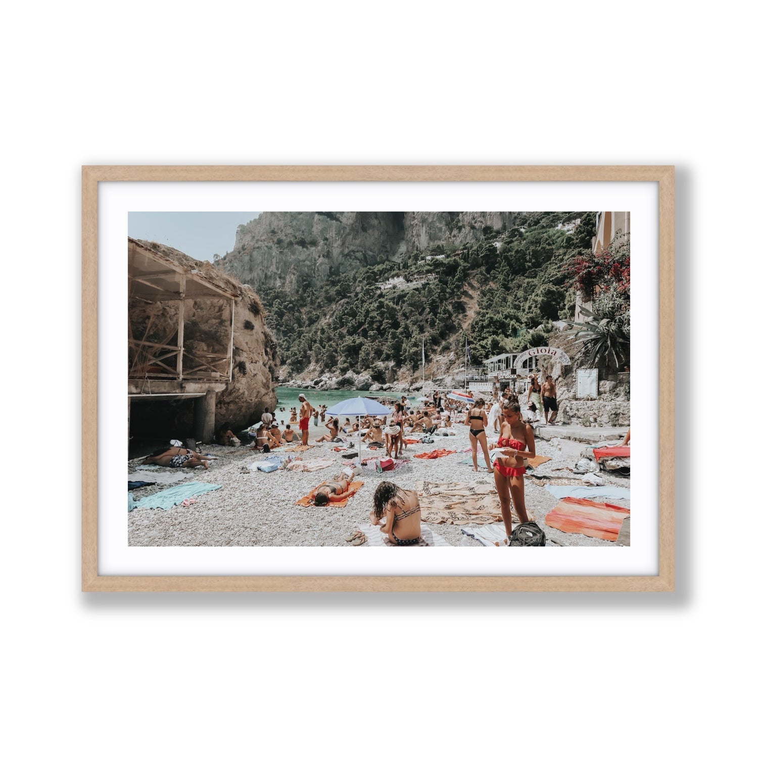 Spiaggia Da Gioia Capri beach coastal wall art Giant fine art print in natural oak frame with matboard