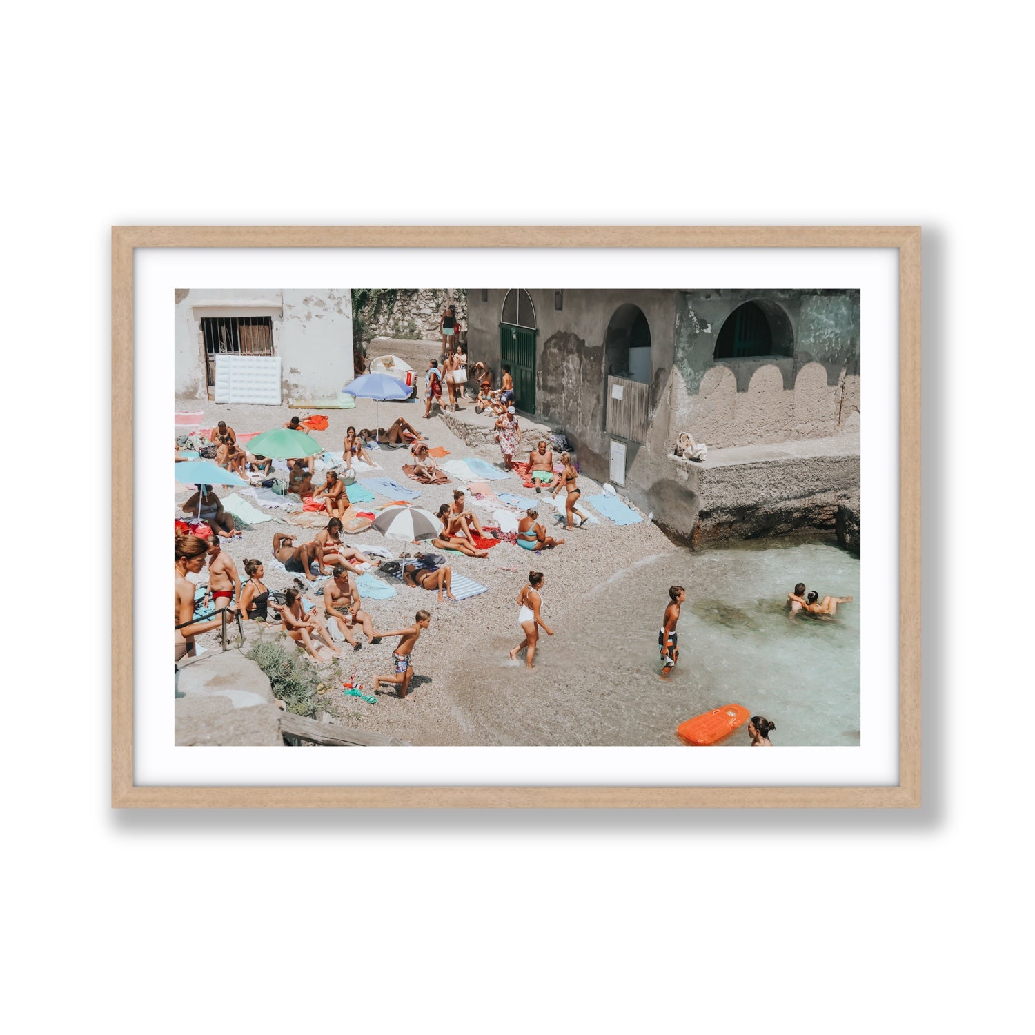 Heatwave Capri beach coastal wall art Giant fine art print in natural oak frame with matboard