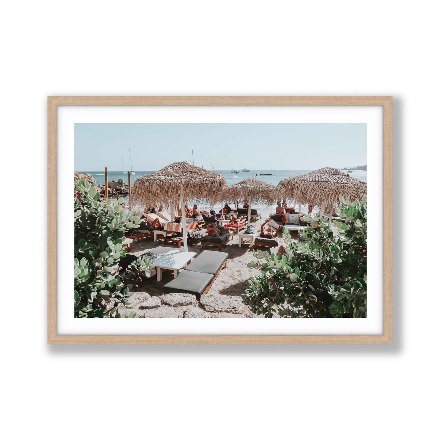 Greek Haven Mykonos Greek island coastal wall art Giant fine art print in natural oak frame with matboard