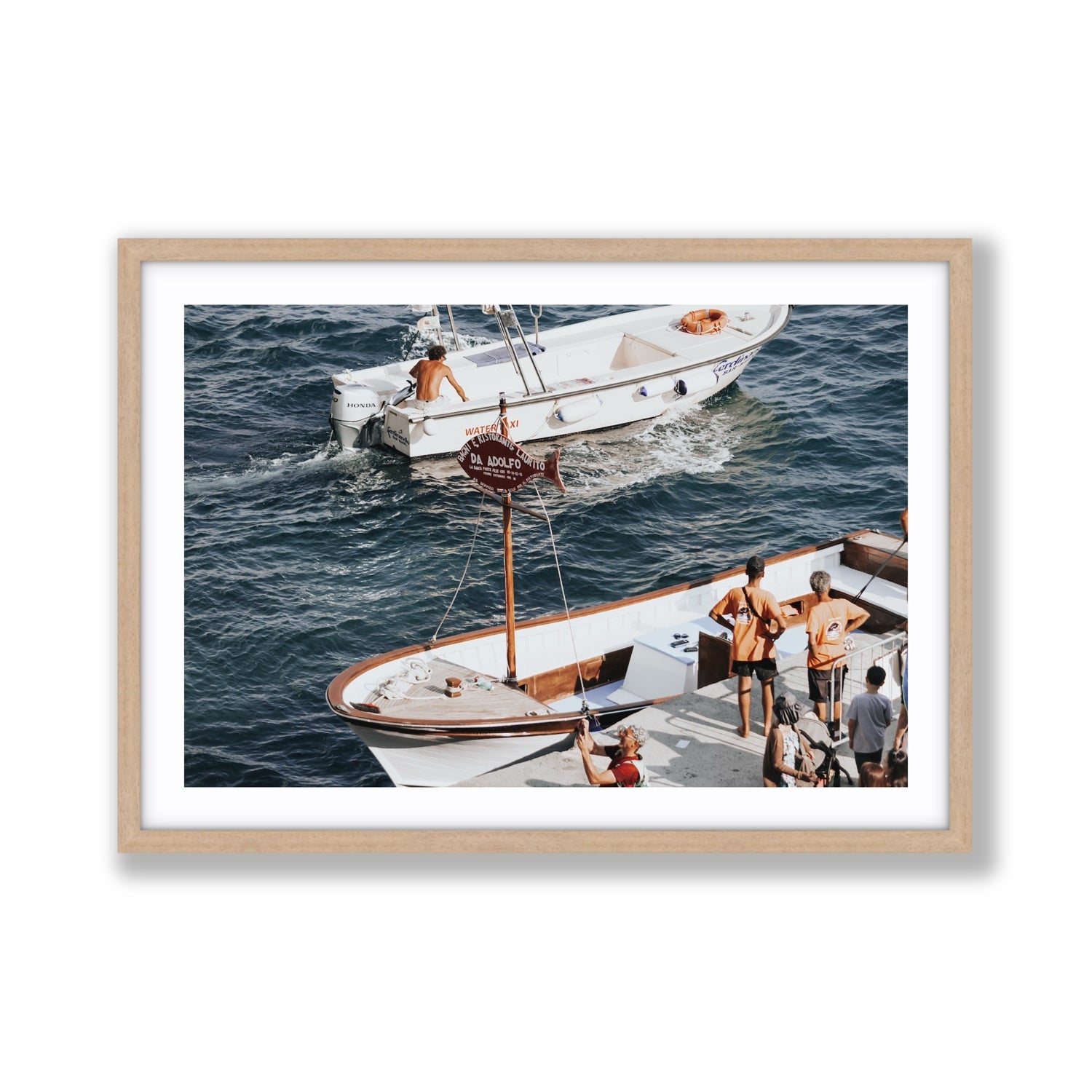 Water Taxi Positano wall art Giant fine art print in natural oak frame with matboard