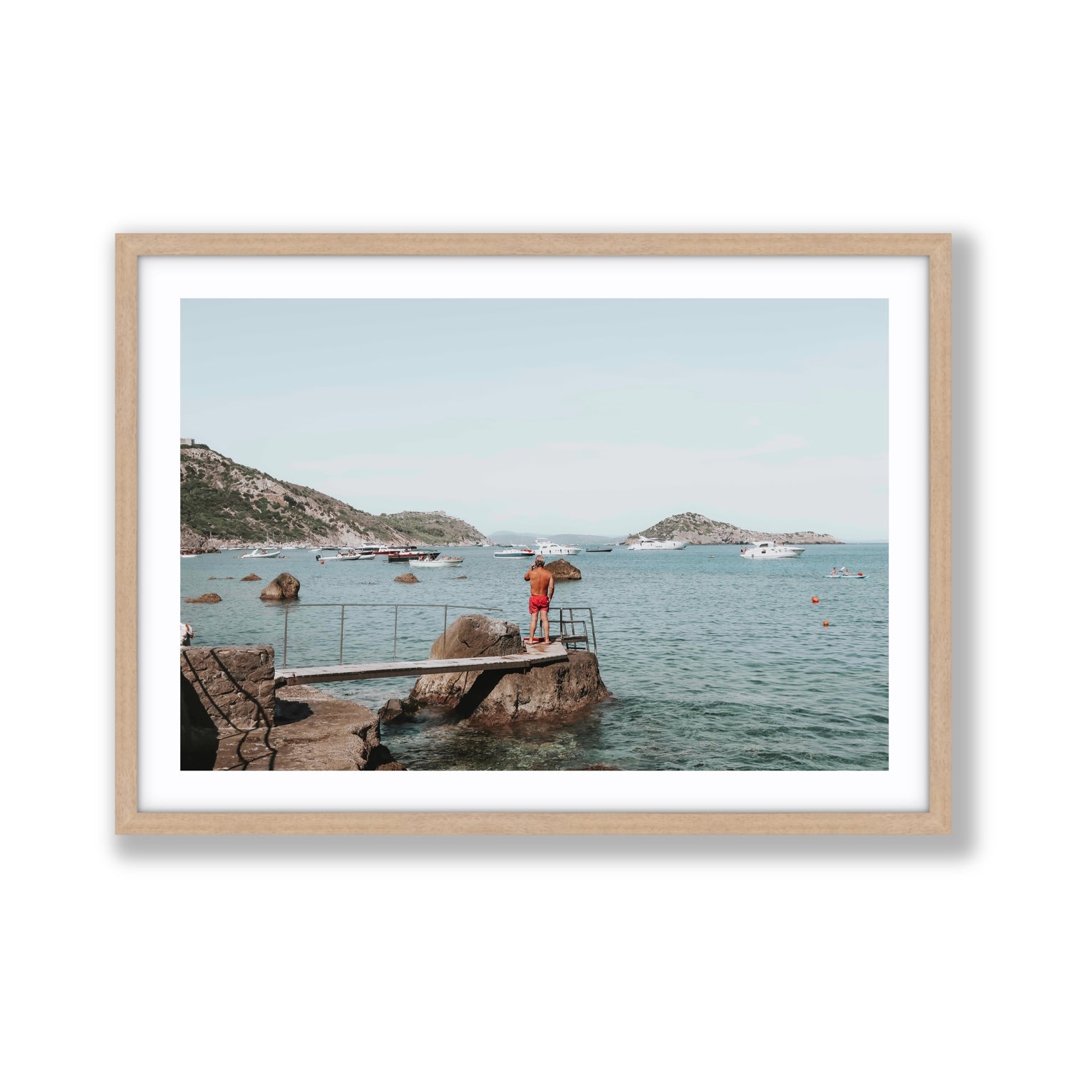 Out Of Office Tuscany coastal Italian wall art Giant fine art print in natural oak frame with matboard