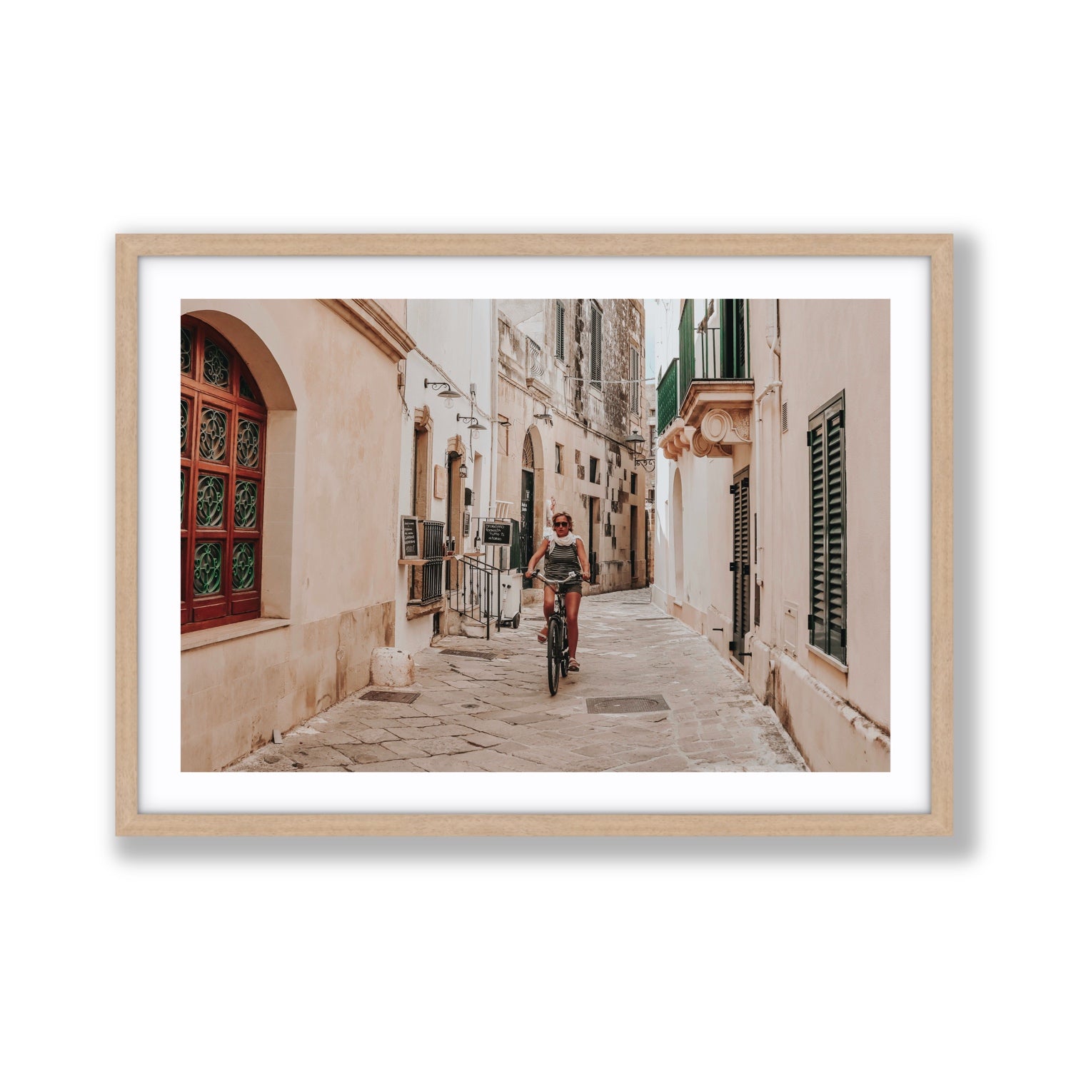 La Donna In Bicicletta Puglia Wall Italian fine art print Giant fine art print in natural oak frame with matboard