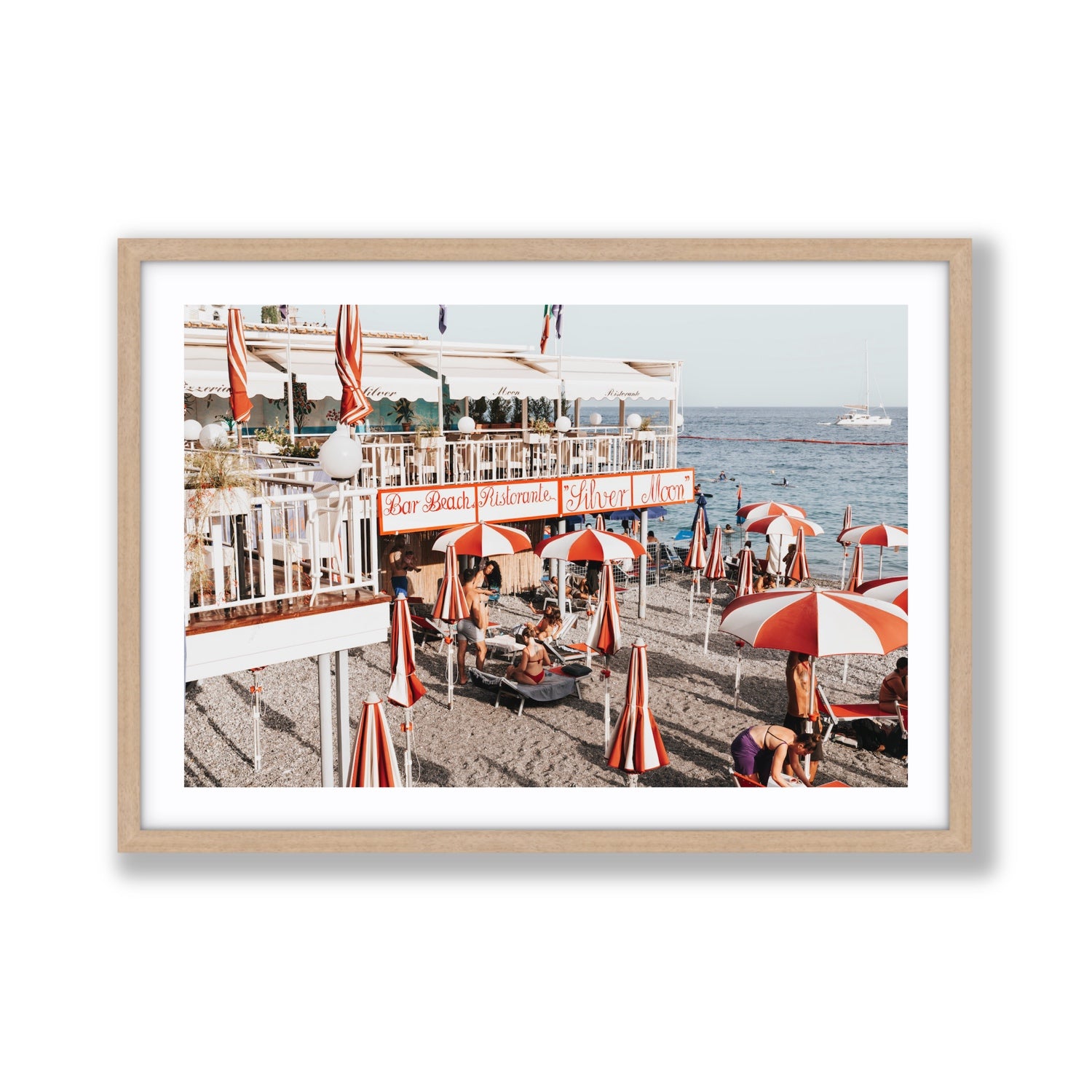 Silver Moon Amalfi Mediterranean wall art Giant fine art print in natural oak frame with matboard