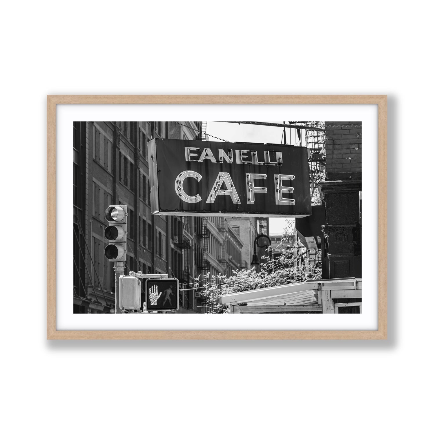 Soho Neon New York NYC Black & White wall art Giant fine art print in natural oak frame with matboard