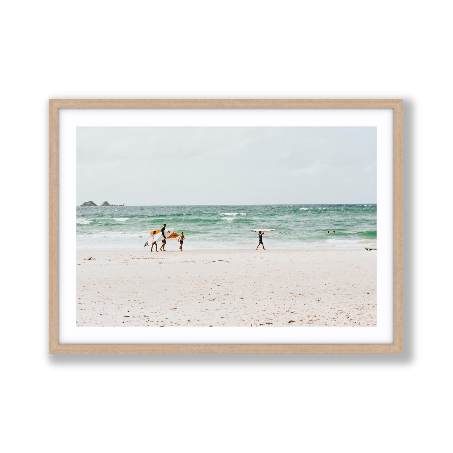 La Famiglia Byron Bay Family Surf coastal wall art Giant fine art print in natural oak frame with matboard