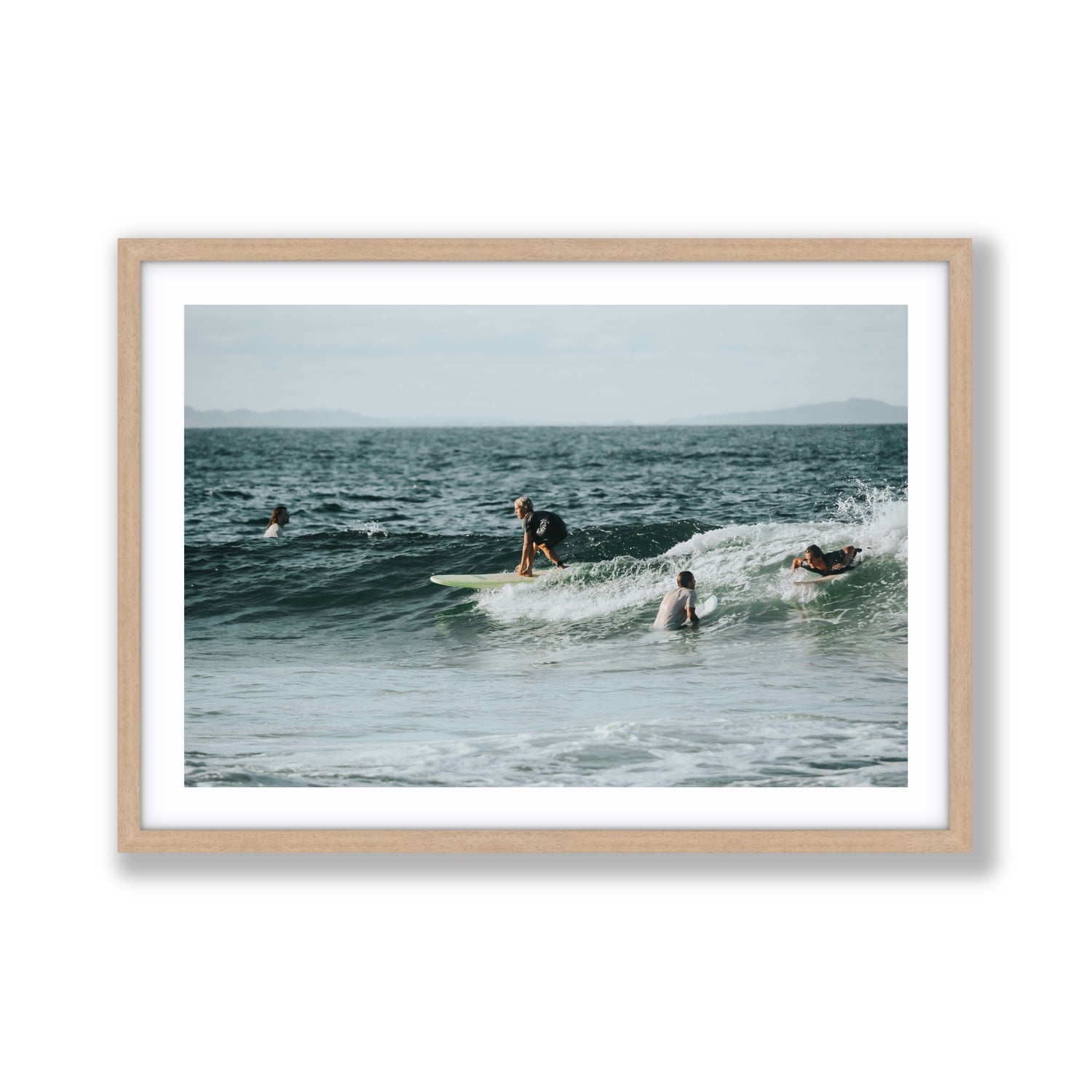 The Boys of Summer Byron Bay Surf coastal wall art Giant fine art print in natural oak frame with matboard