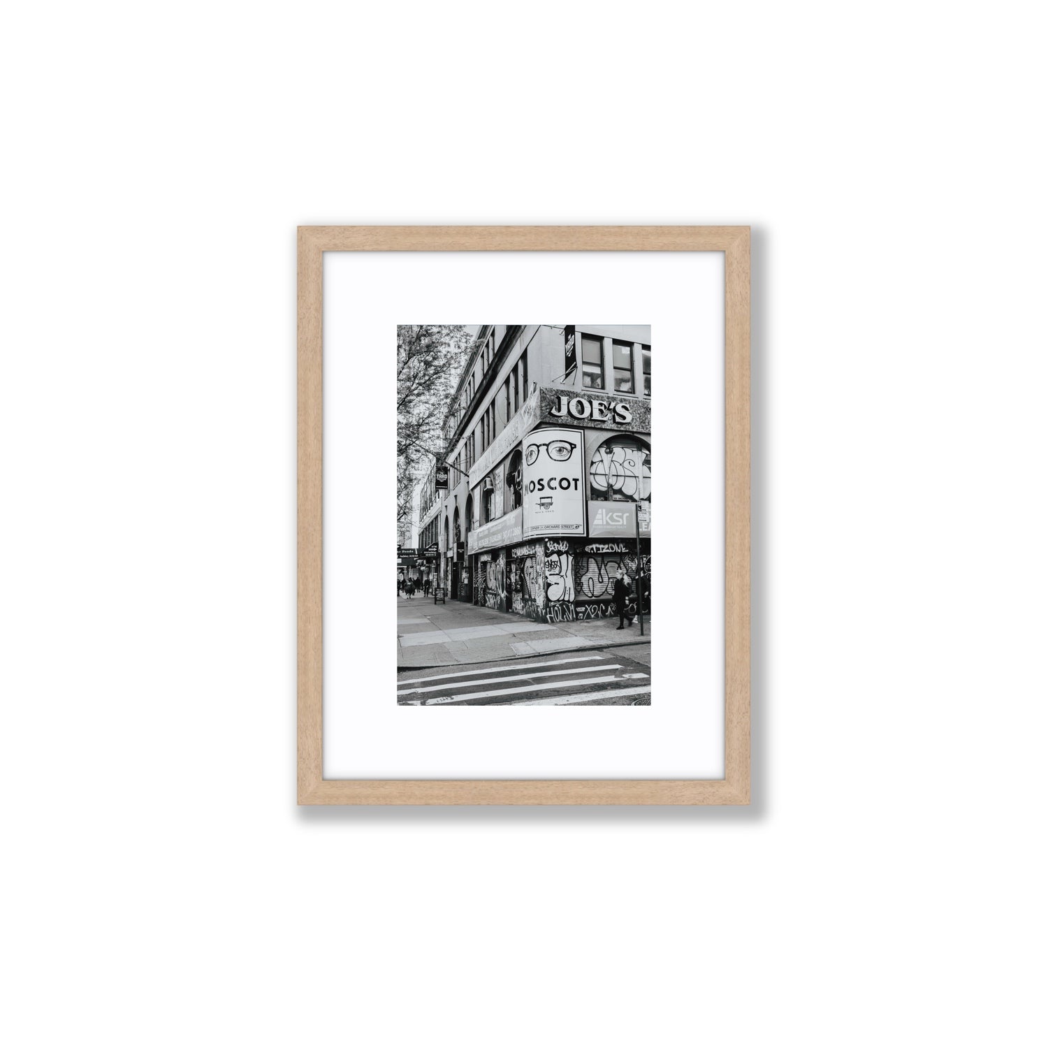 Lower East Side Murals New York NYC Black & White wall art Small fine art print in natural oak frame with matboard
