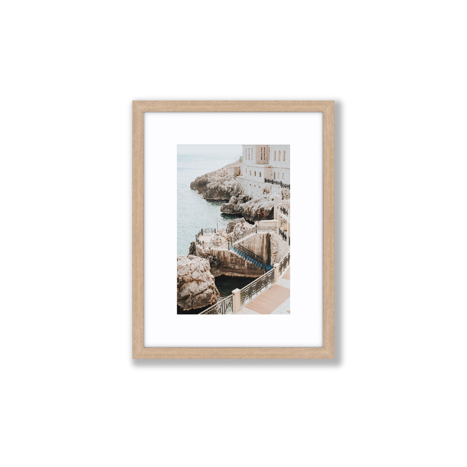 Wellness Centre Puglia coastal wall art Small fine art print in natural oak frame with matboard