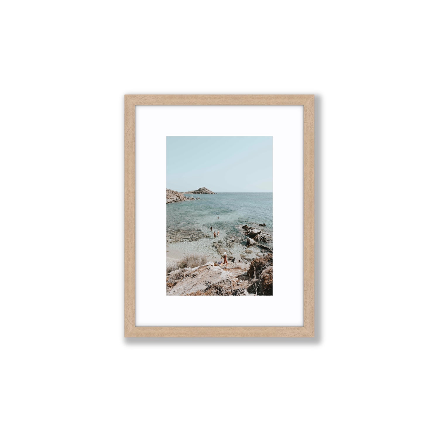 Explorers Mykonos Greek island wall art Small fine art print in natural oak frame with matboard