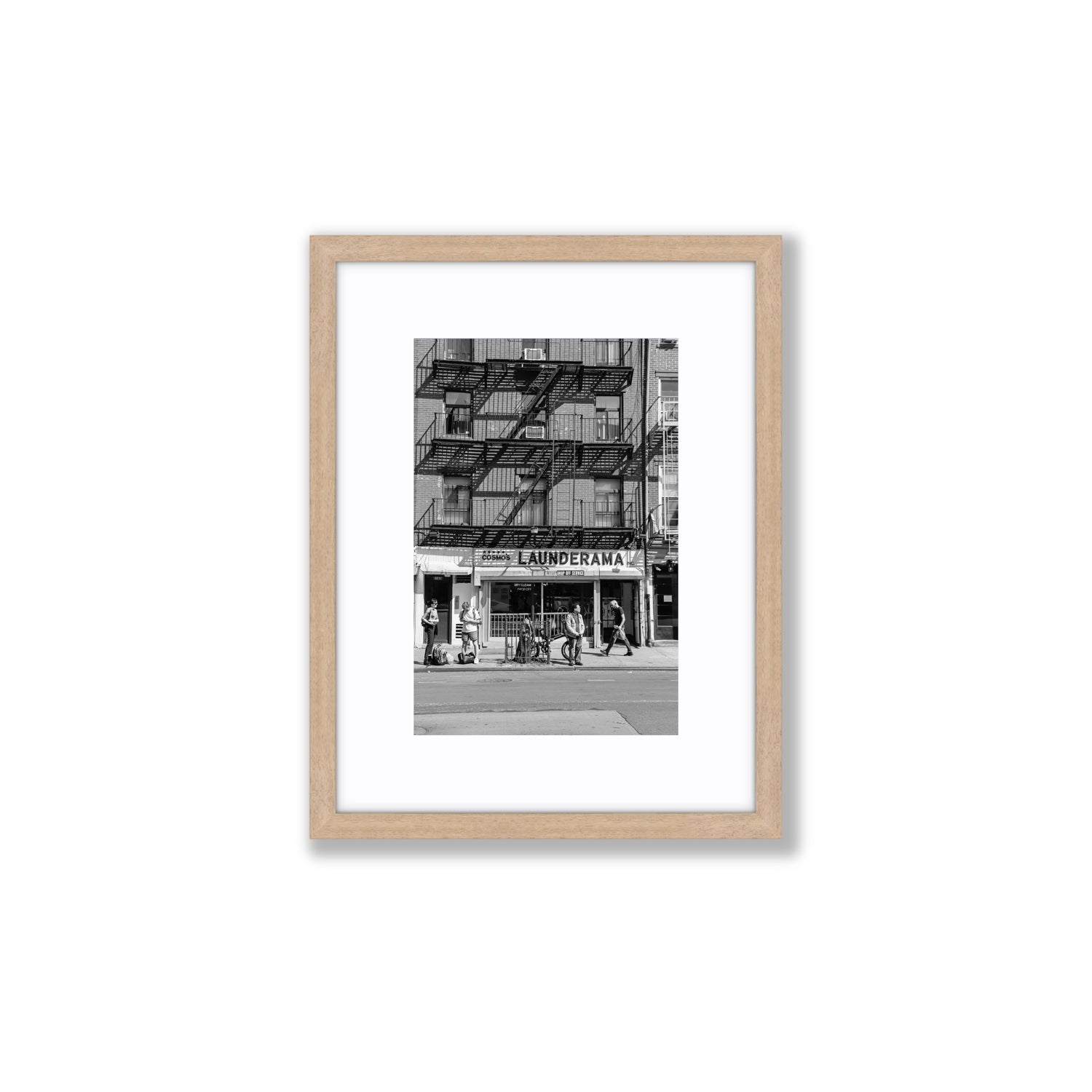 Bus Stop New York NYC Black & White wall art Small fine art print in natural oak frame with matboard