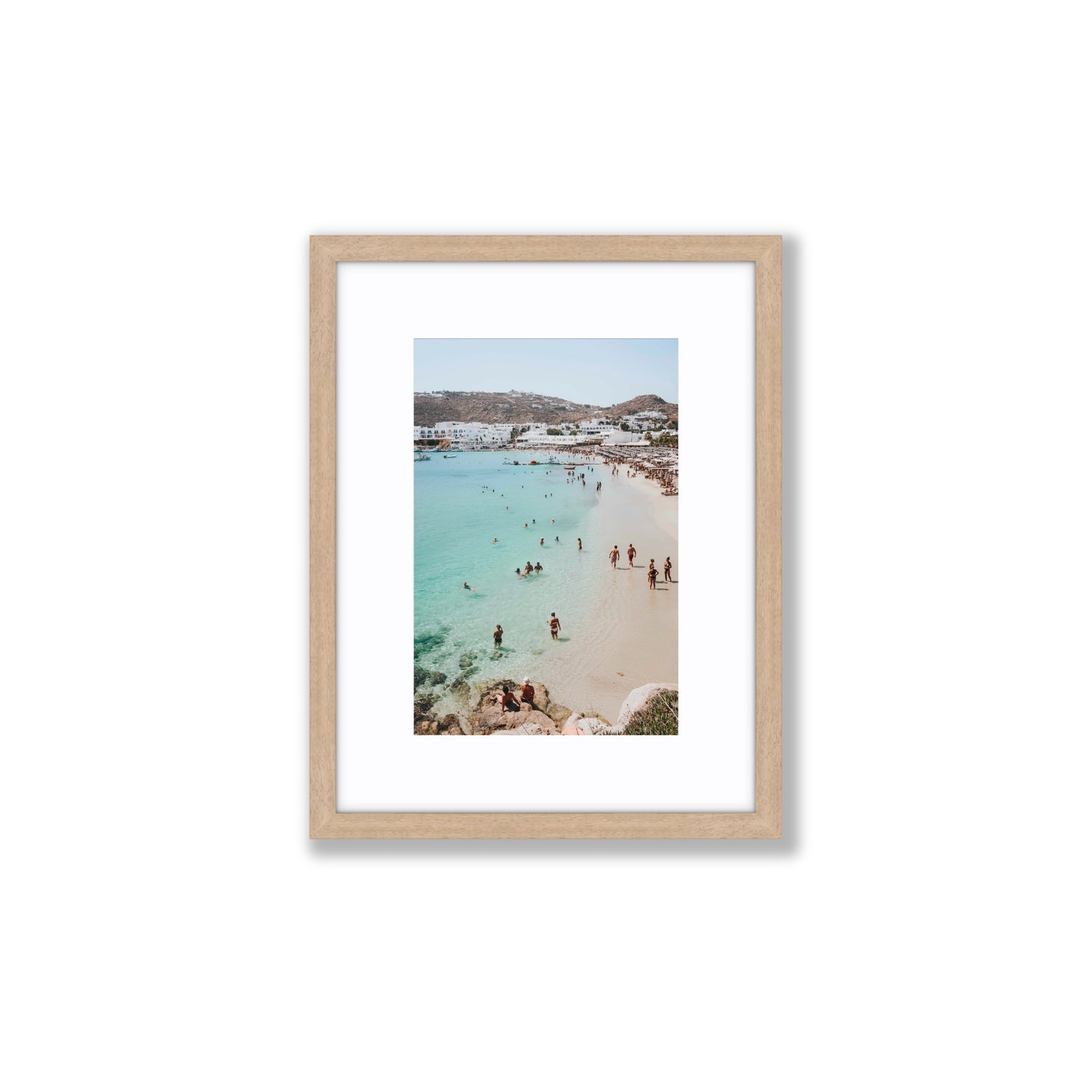 Breathe In The Salty Air Mykonos Greek island wall art Small fine art print in natural oak frame with matboard