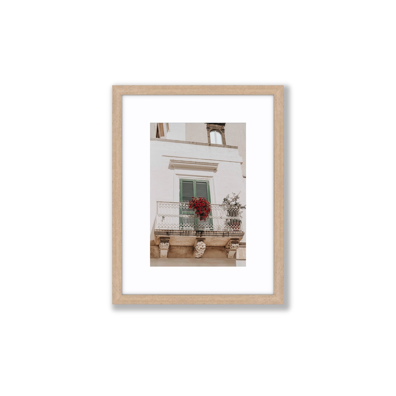Balcone Estivo Puglia Italian wall art Small fine art print in natural oak frame with matboard