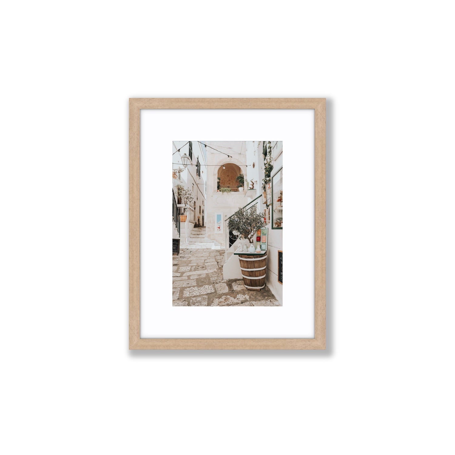 Olive Tree Lane Puglia Ostuni Mediterranean decor wall art Small fine art print in natural oak frame with matboard