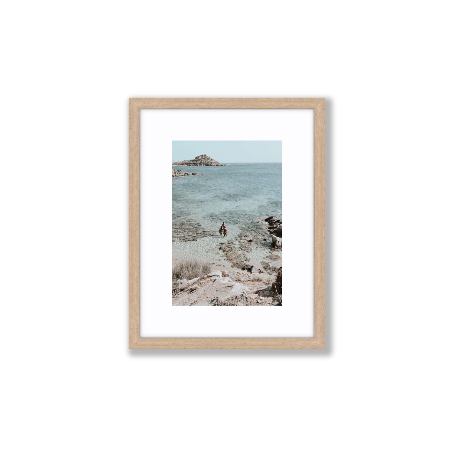 Island Life Mykonos coastal Greek island wall art Small fine art print in natural oak frame with matboard