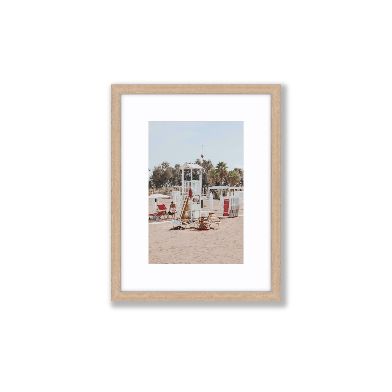 Red Lounge Reverie Puglia beach coastal wall art Small fine art print in natural oak frame with matboard