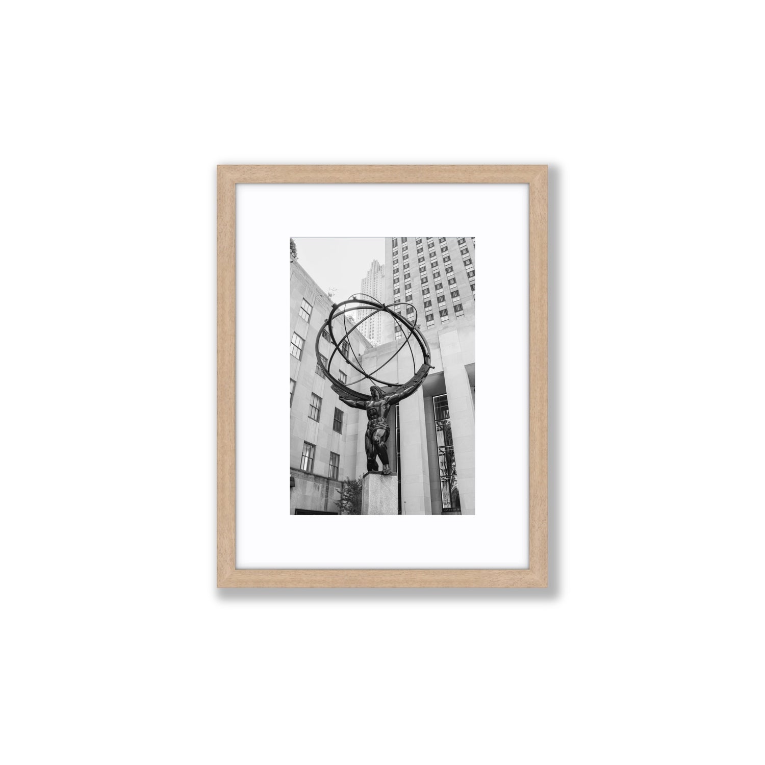 Atlas Ascends New York NYC Black & White wall art Small fine art print in natural oak frame with matboard