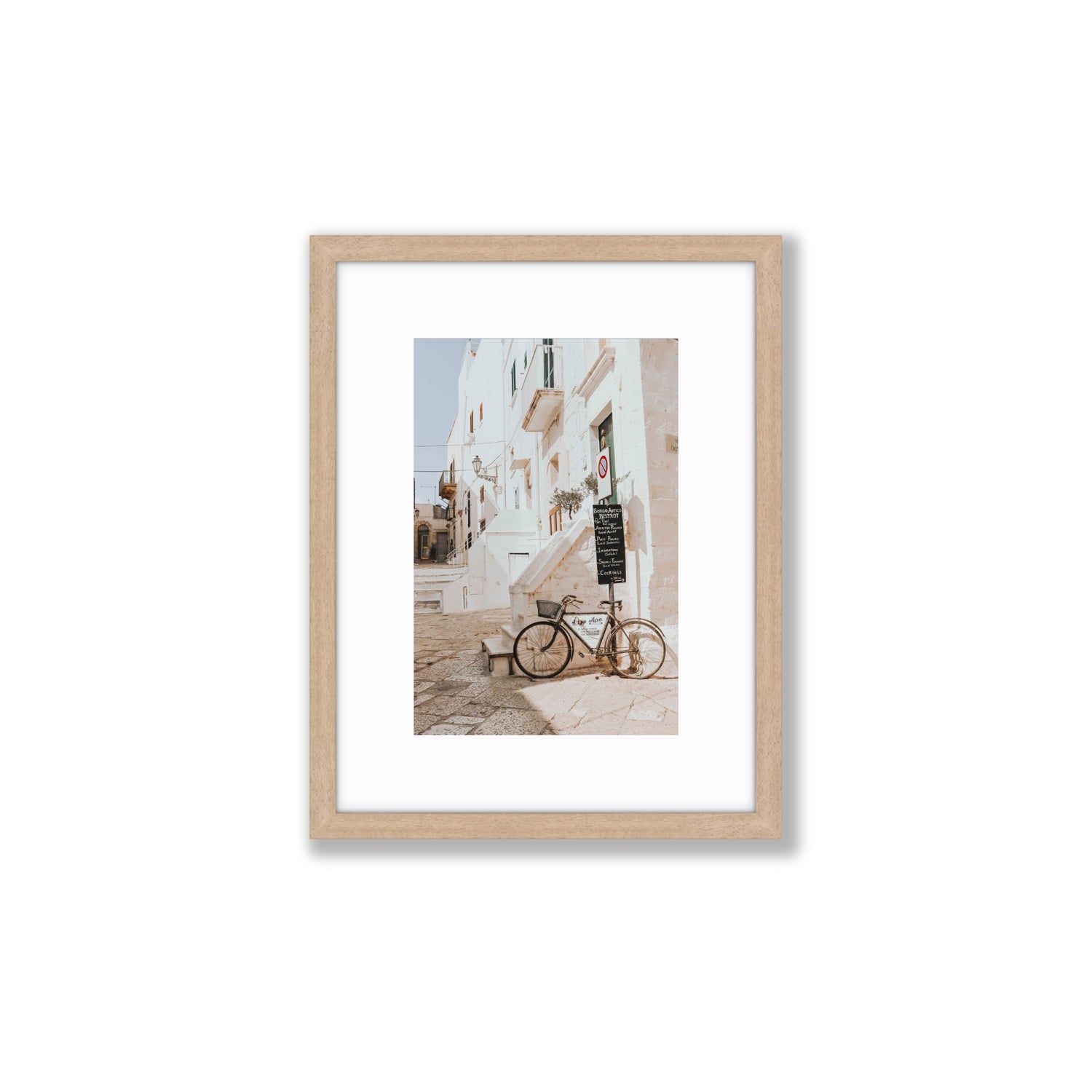 La Bicicletta Puglia Ostuni wall art Small fine art print in natural oak frame with matboard