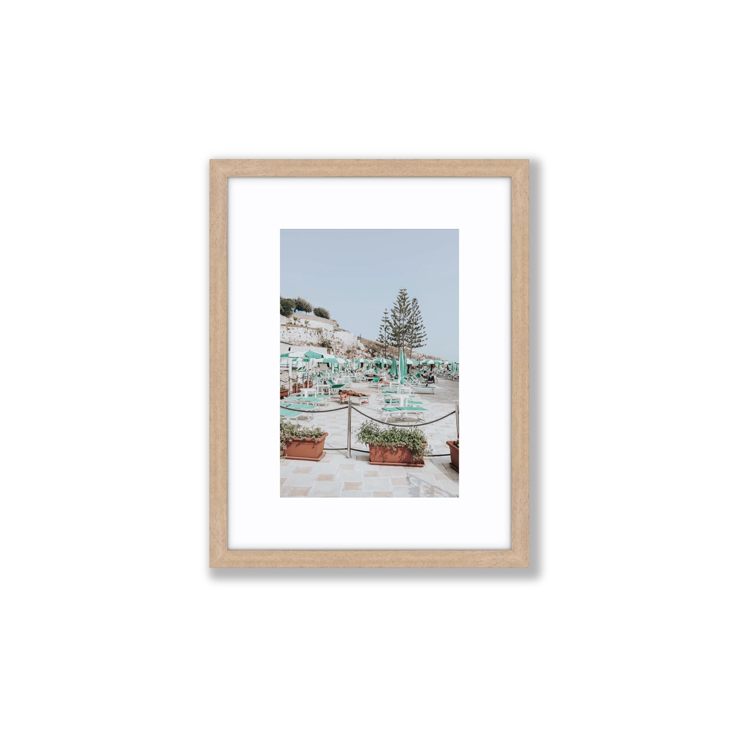 Siesta on The Terrace Puglia coastal wall art Small fine art print in natural oak frame with matboard
