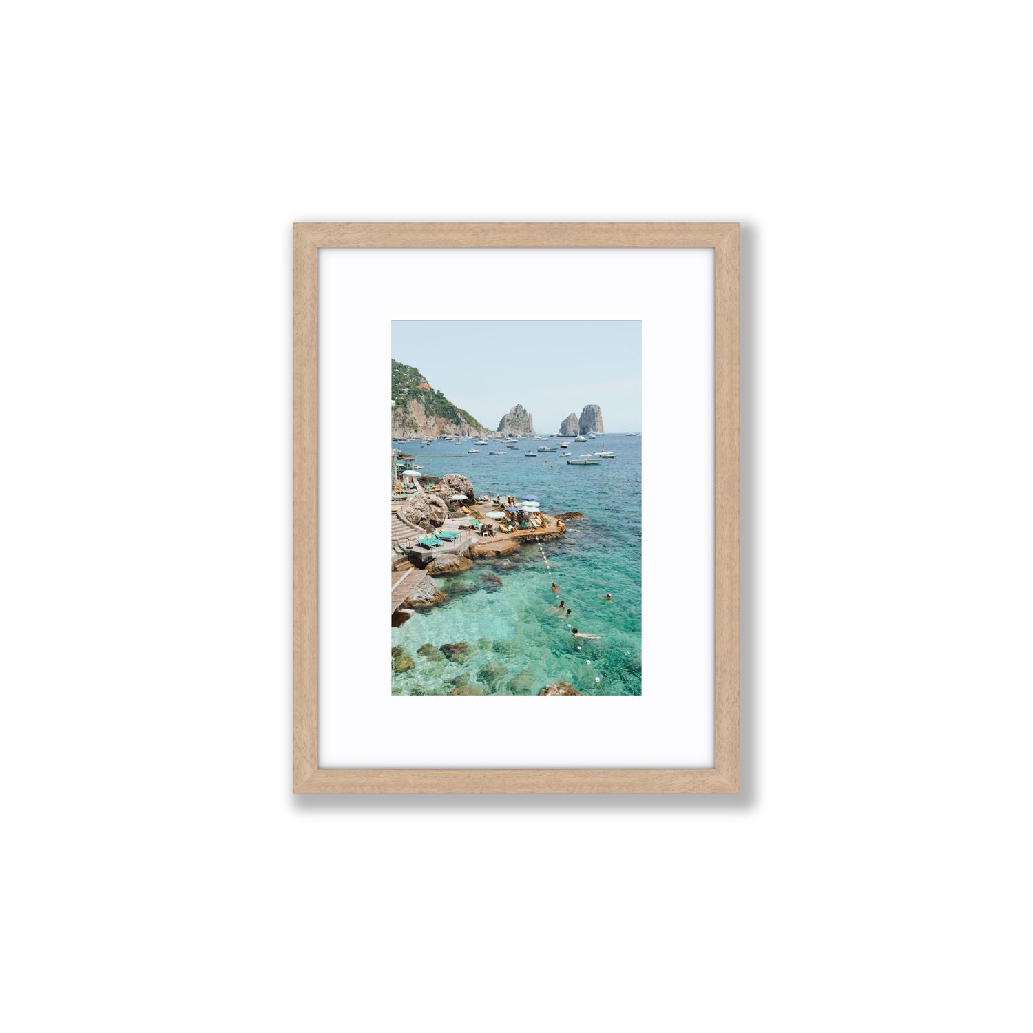 Summertime Blues Capri Mediterranean wall art Small fine art print in natural oak frame with matboard