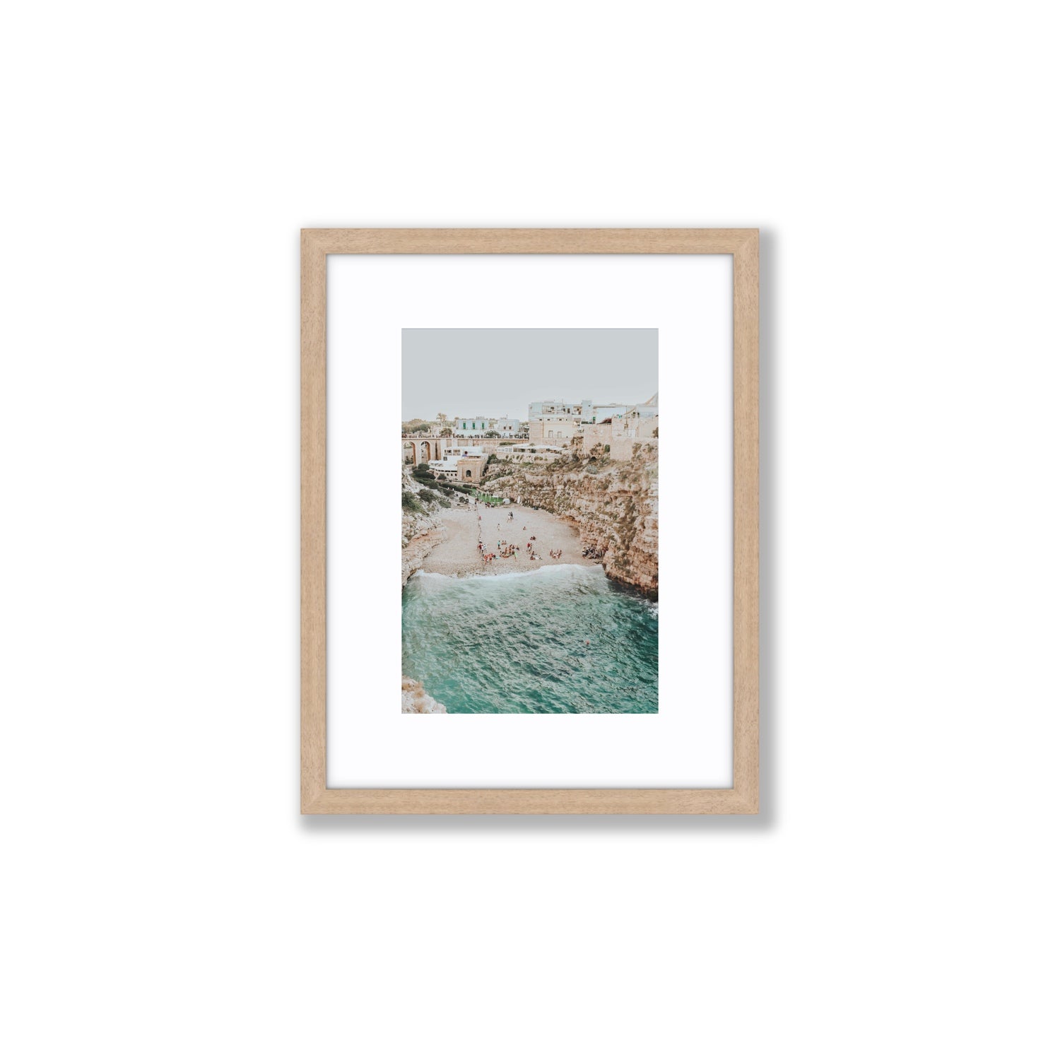 Polignano Vista Puglia coastal Italian beach fine art print Small fine art print in natural oak frame with matboard