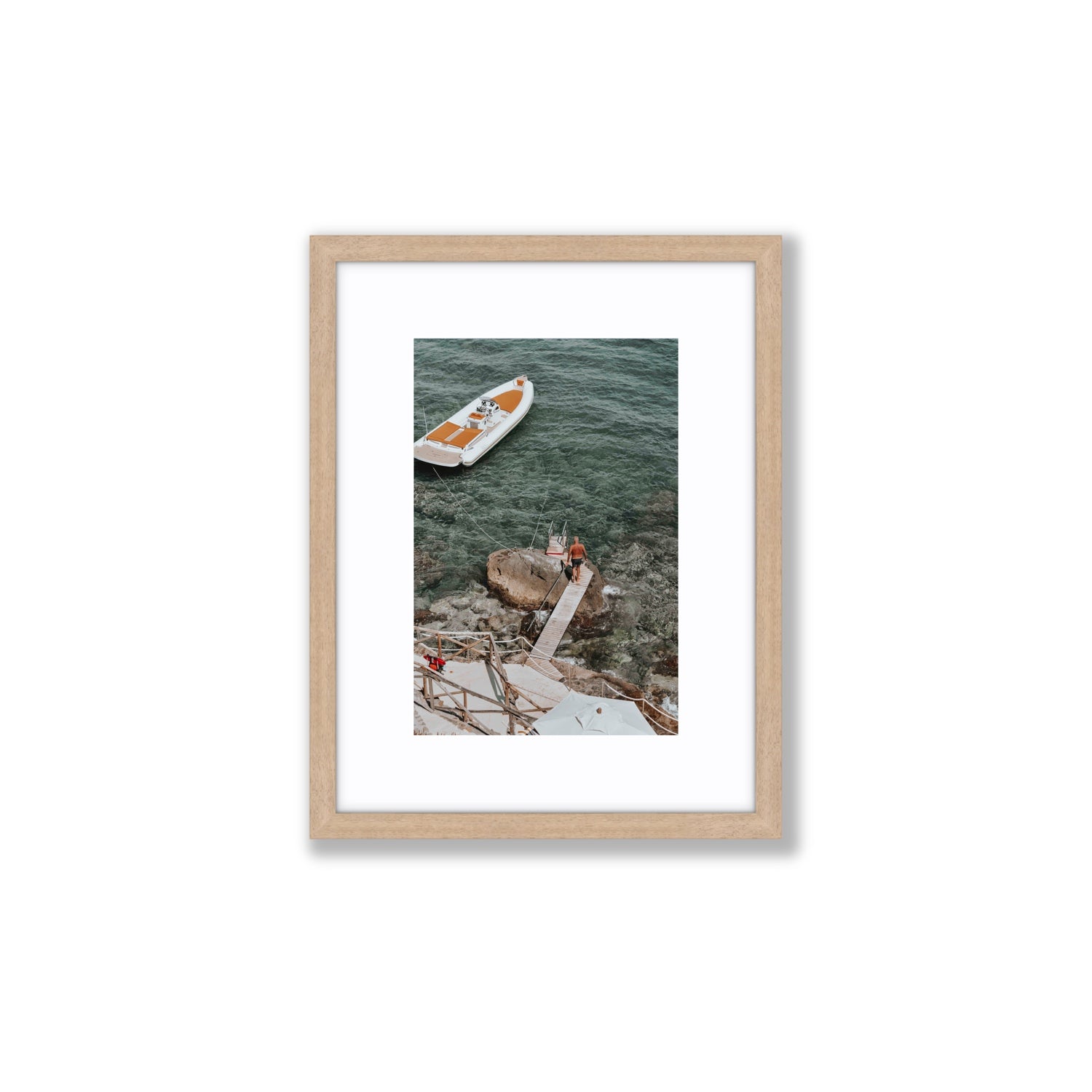 Secret Cove Tuscany coastal Italian wall art Small fine art print in natural oak frame with matboard