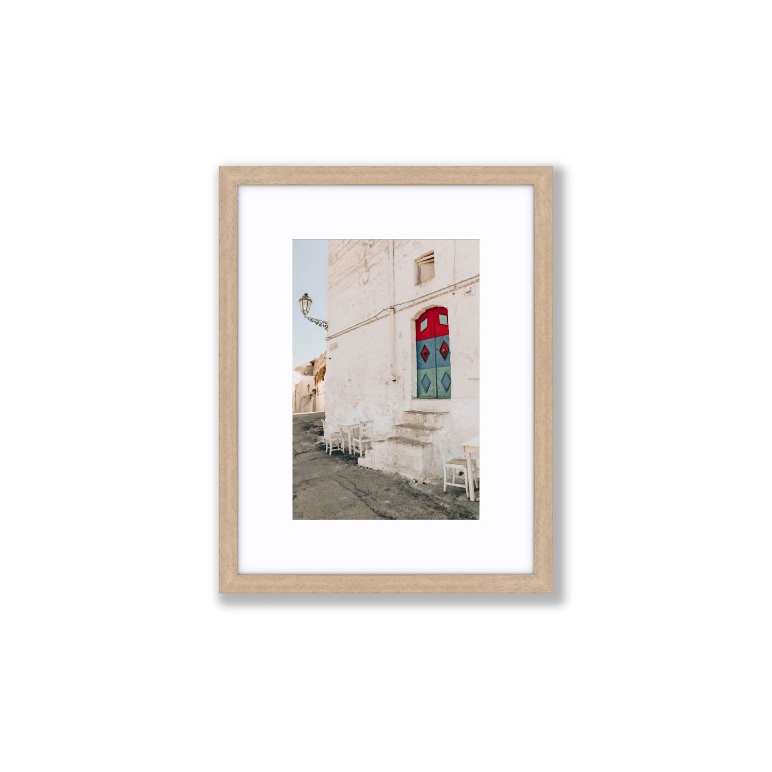 Doorway Delight Puglia Ostuni wall art Small fine art print in natural oak frame with matboard