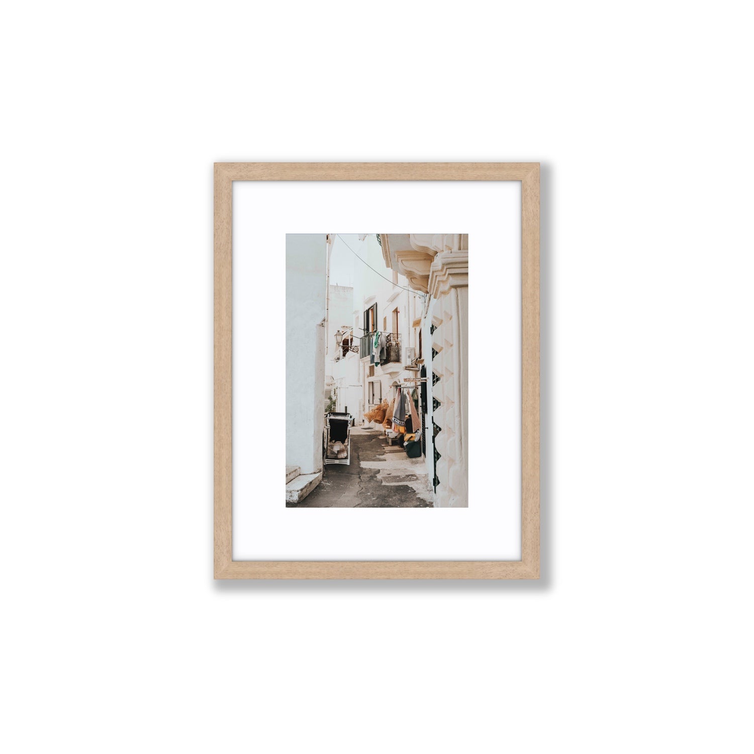 Hanging Harmony Puglia Italian wall art Small fine art print in natural oak frame with matboard