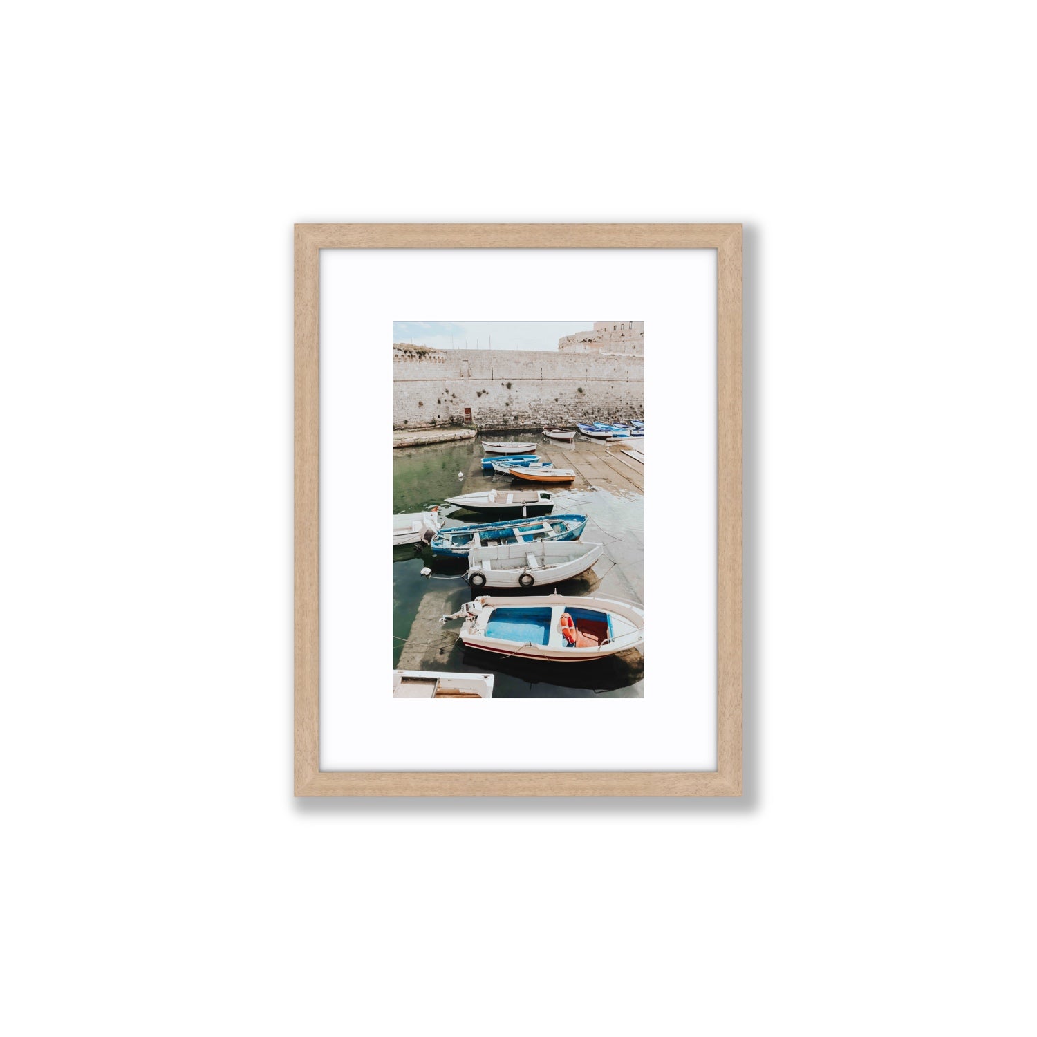 Harbour Palette Puglia coastal photography wall art Small fine art print in natural oak frame with matboard